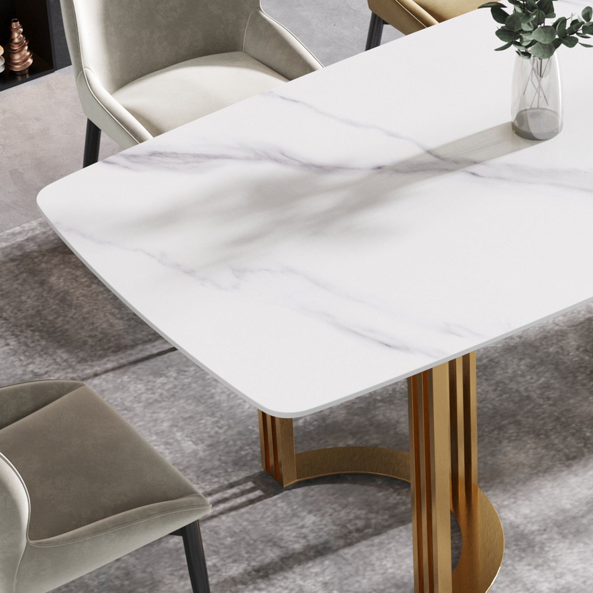 70.87"Modern Artificial Stone White Curved Golden Metal Leg Dining Table Can Accommodate 6 8 People White Metal Sintered Stone