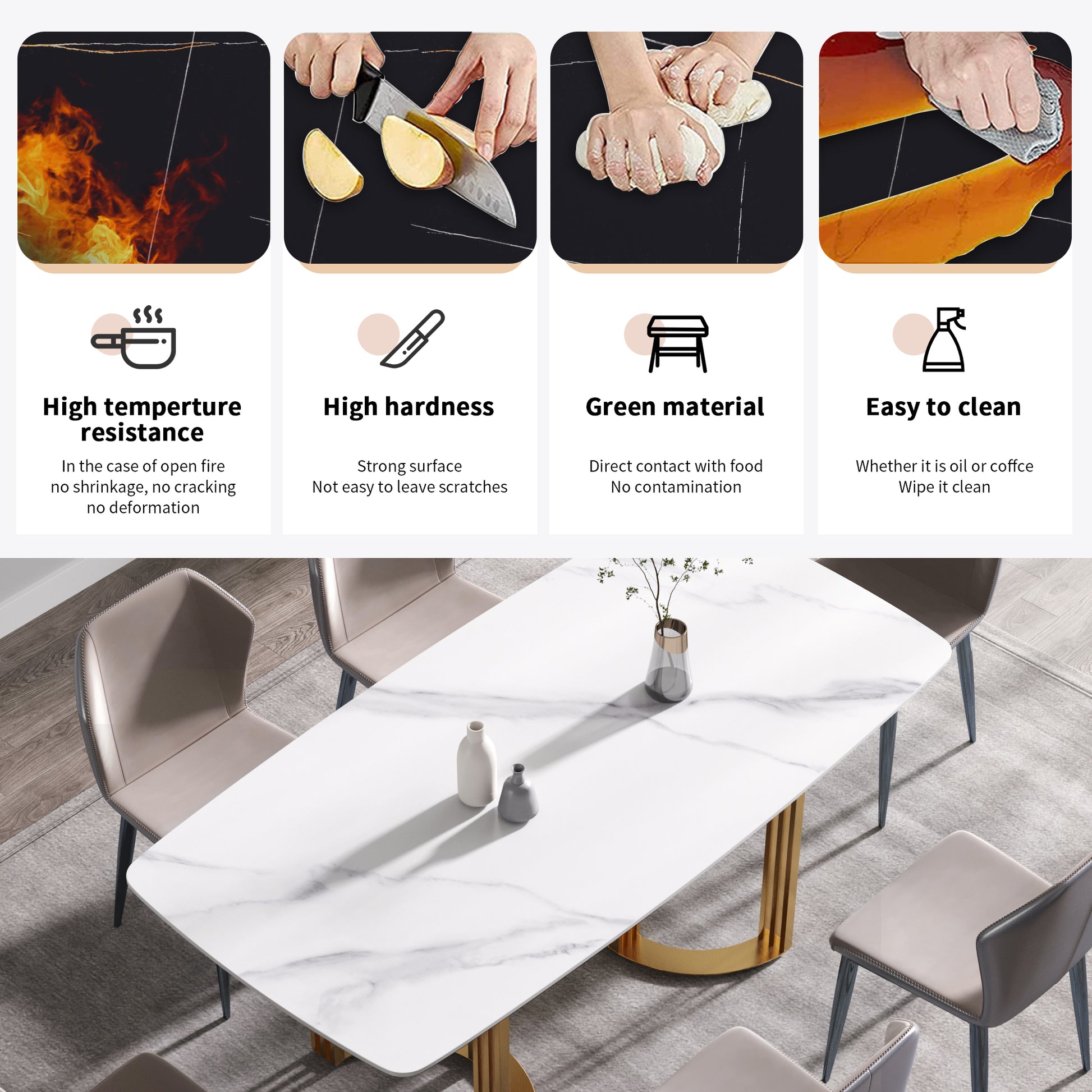 70.87"Modern Artificial Stone White Curved Golden Metal Leg Dining Table Can Accommodate 6 8 People White Metal Sintered Stone