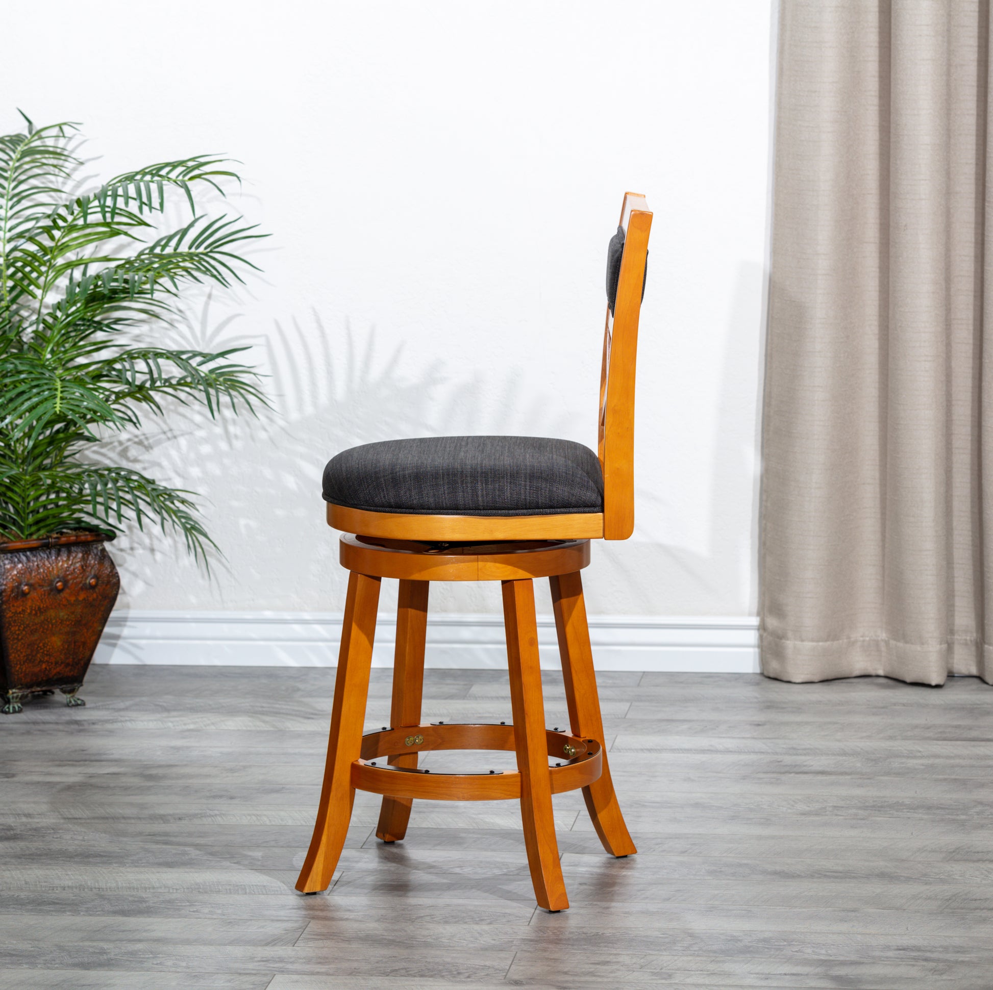 24" Counter Height X Back Swivel Stool, Natural Finish, Charcoal Fabric Seat Natural Fabric