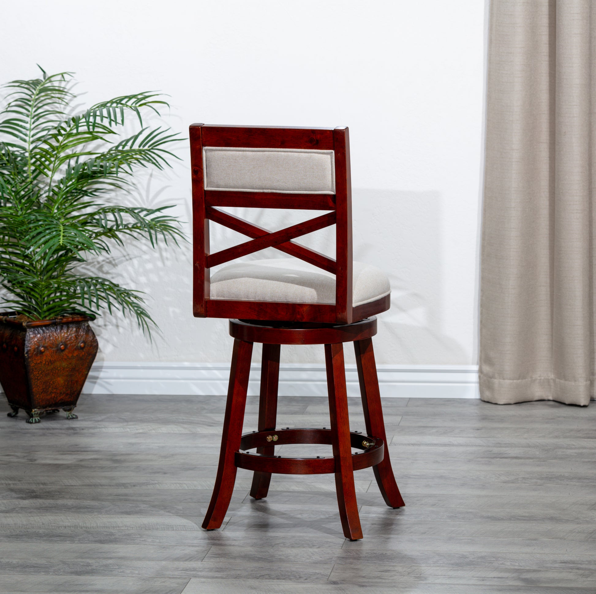 24" Counter Height X Back Swivel Stool, Cherry Finish, Beige Fabric Seat Cherry Fabric