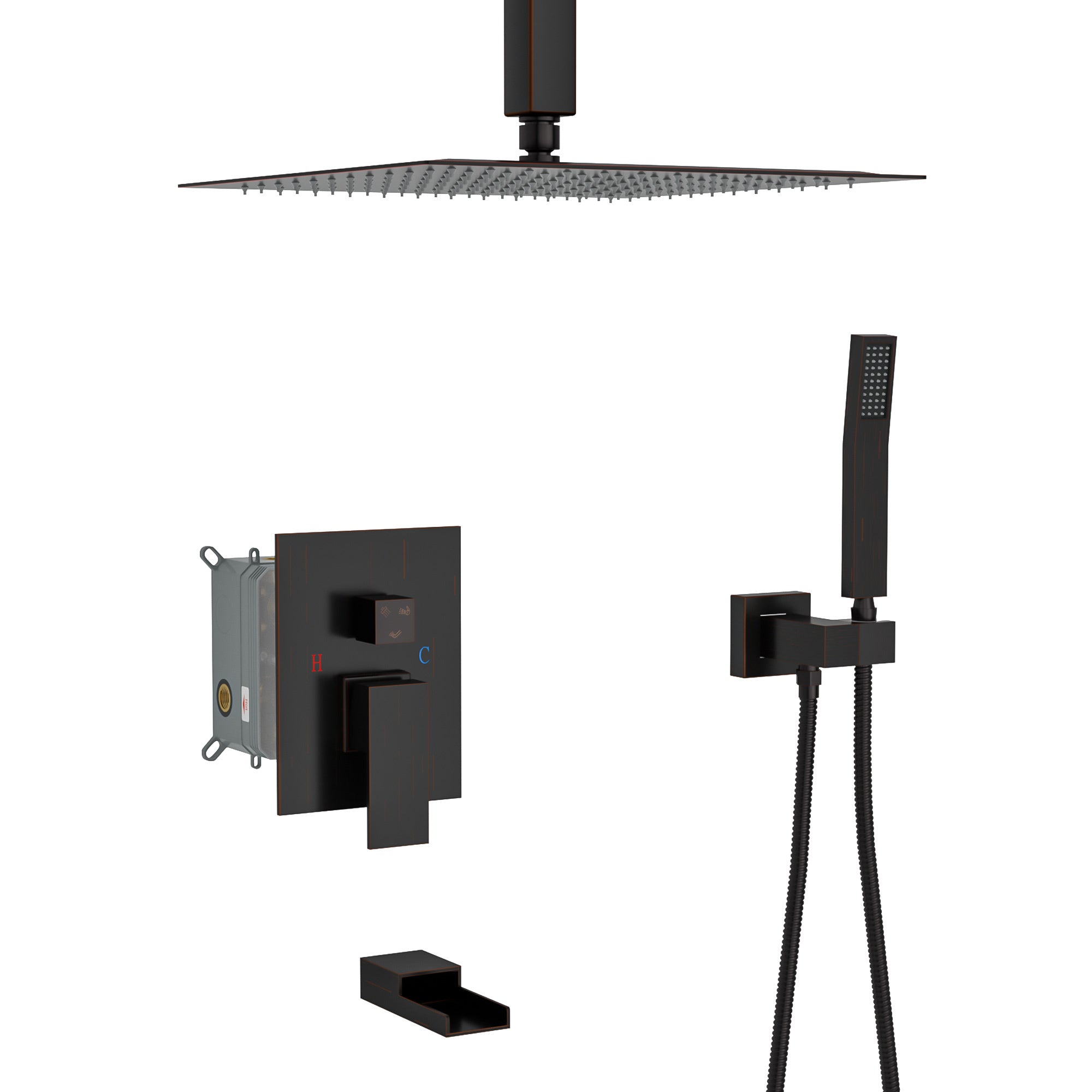 Shower System with Waterfall Tub Spout,12 Inch Ceiling oil-rubbed bronze-stainless steel