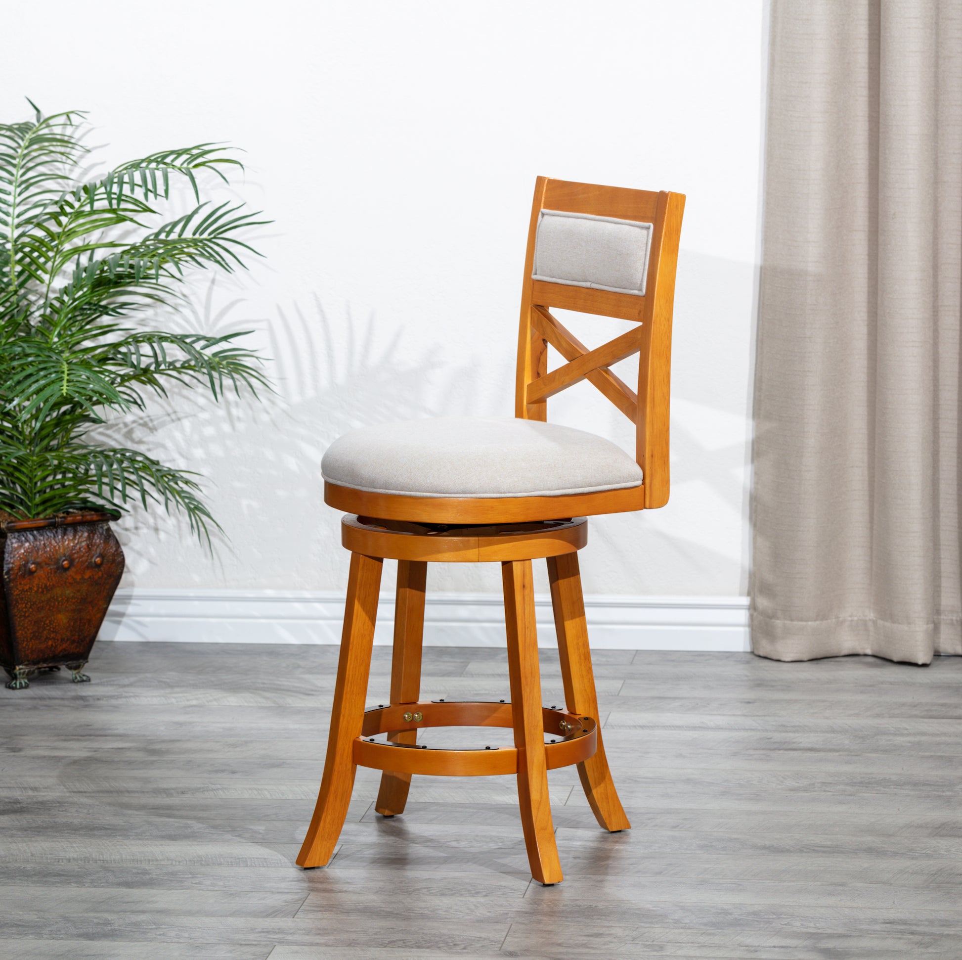 24" Counter Height X Back Swivel Stool, Natural Finish, Beige Fabric Seat Natural Fabric