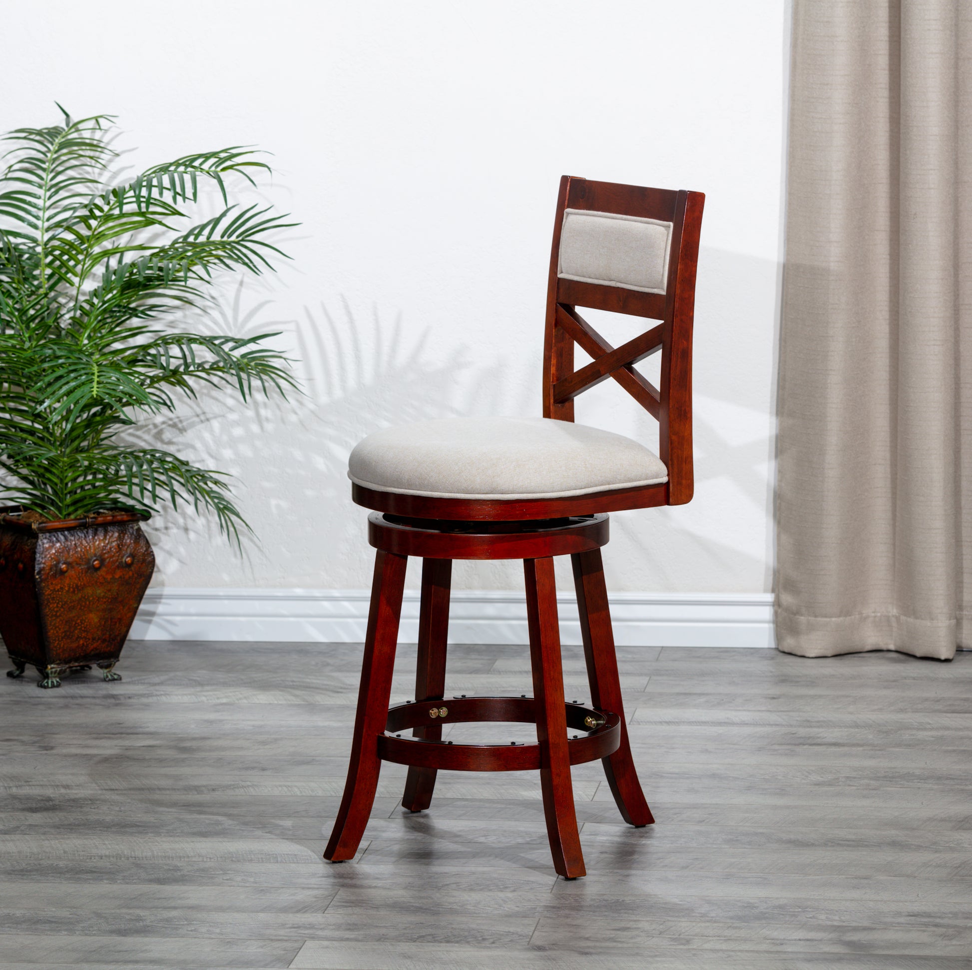 30" Bar Height X Back Swivel Stool, Cherry Finish, Beige Fabric Seat Cherry Fabric