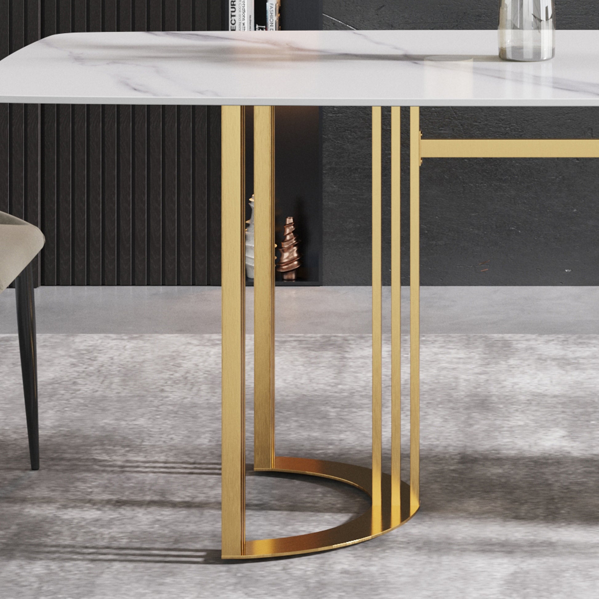 70.87"Modern Artificial Stone White Curved Golden Metal Leg Dining Table Can Accommodate 6 8 People White Metal Sintered Stone