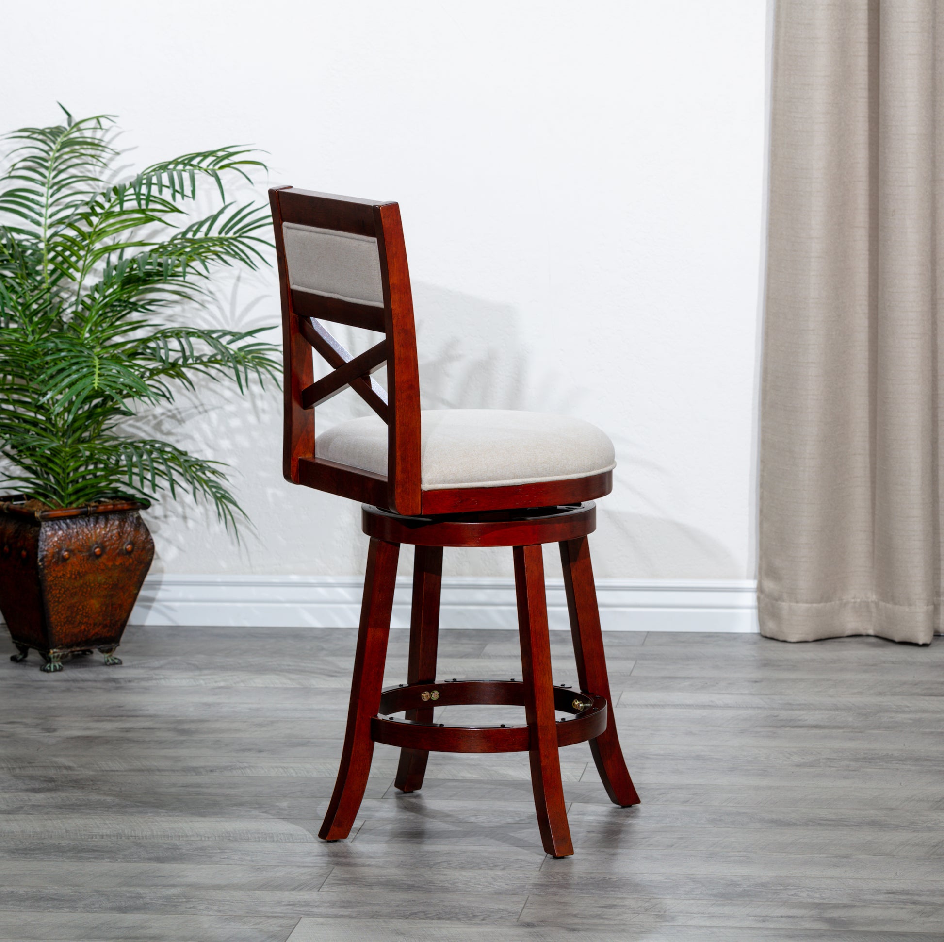 24" Counter Height X Back Swivel Stool, Cherry Finish, Beige Fabric Seat Cherry Fabric