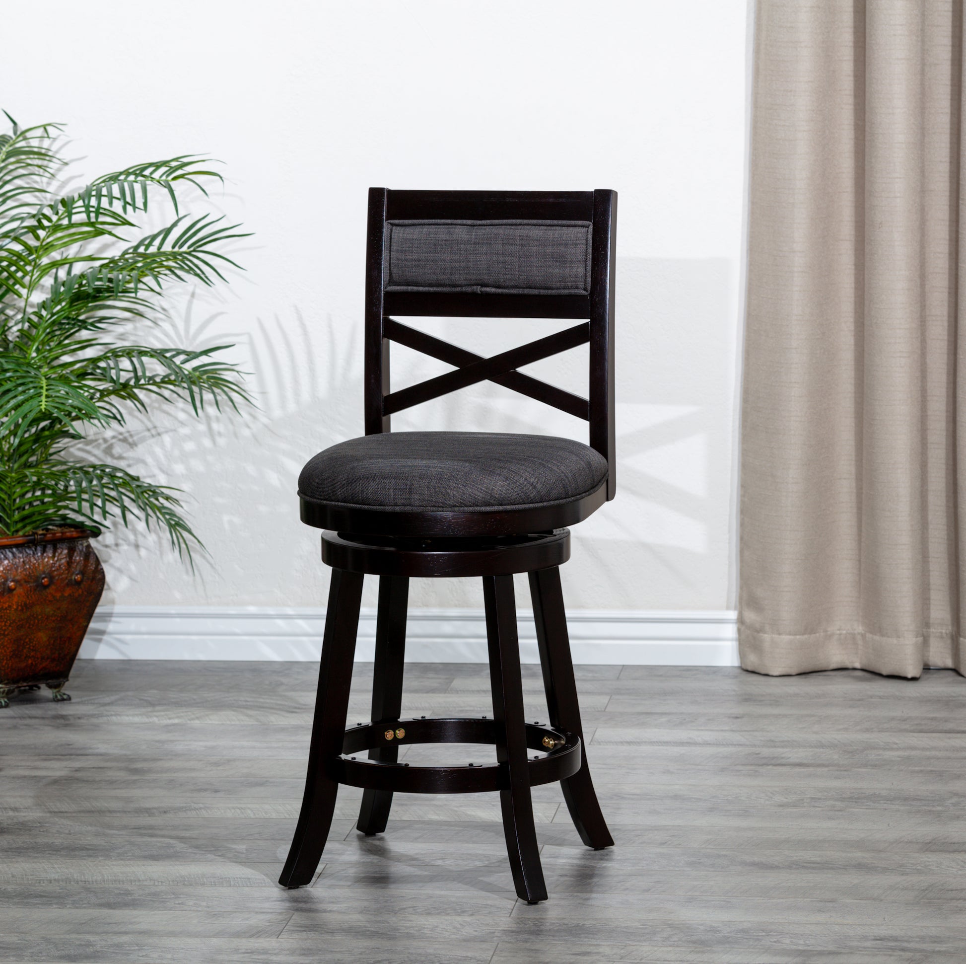 24" Counter Height X Back Swivel Stool, Espresso Finish, Charcoal Fabric Seat Espresso Fabric