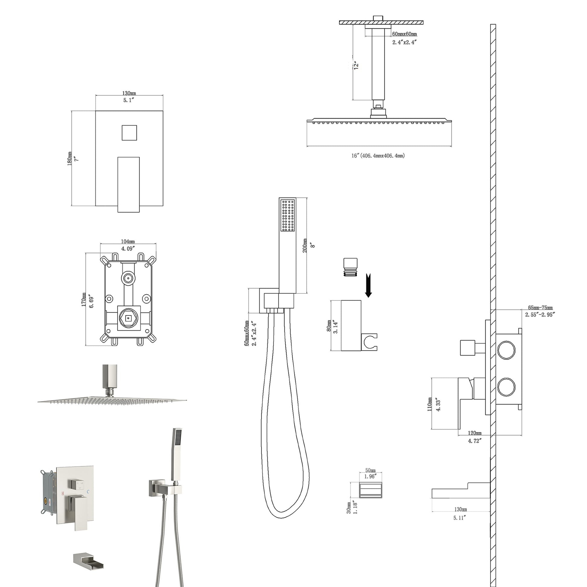 Shower System With Waterfall Tub Spout,16 Inch Ceiling Mount Square Shower System With Rough In Valve, Brushed Nickel Brushed Nickel Stainless Steel