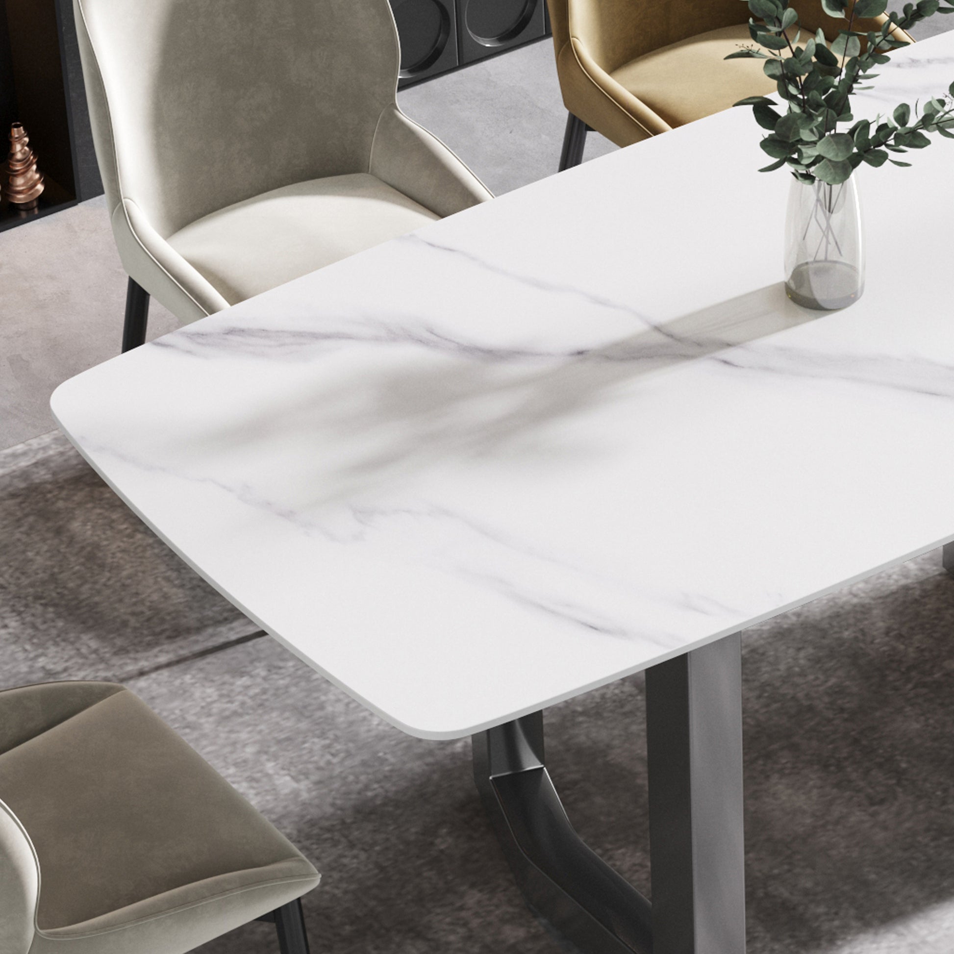 70.87"Modern Artificial Stone White Curved Black Metal Leg Dining Table Can Accommodate 6 8 People White Metal Sintered Stone