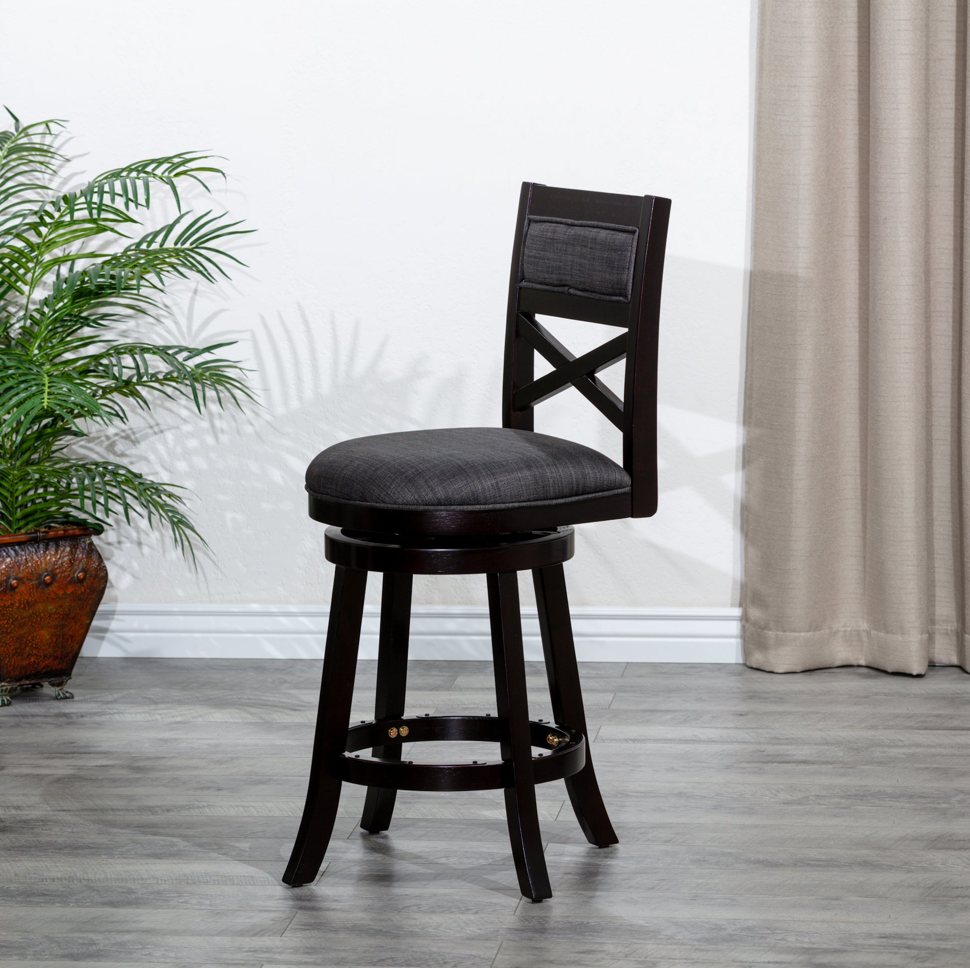 24" Counter Height X Back Swivel Stool, Espresso Finish, Charcoal Fabric Seat Espresso Fabric