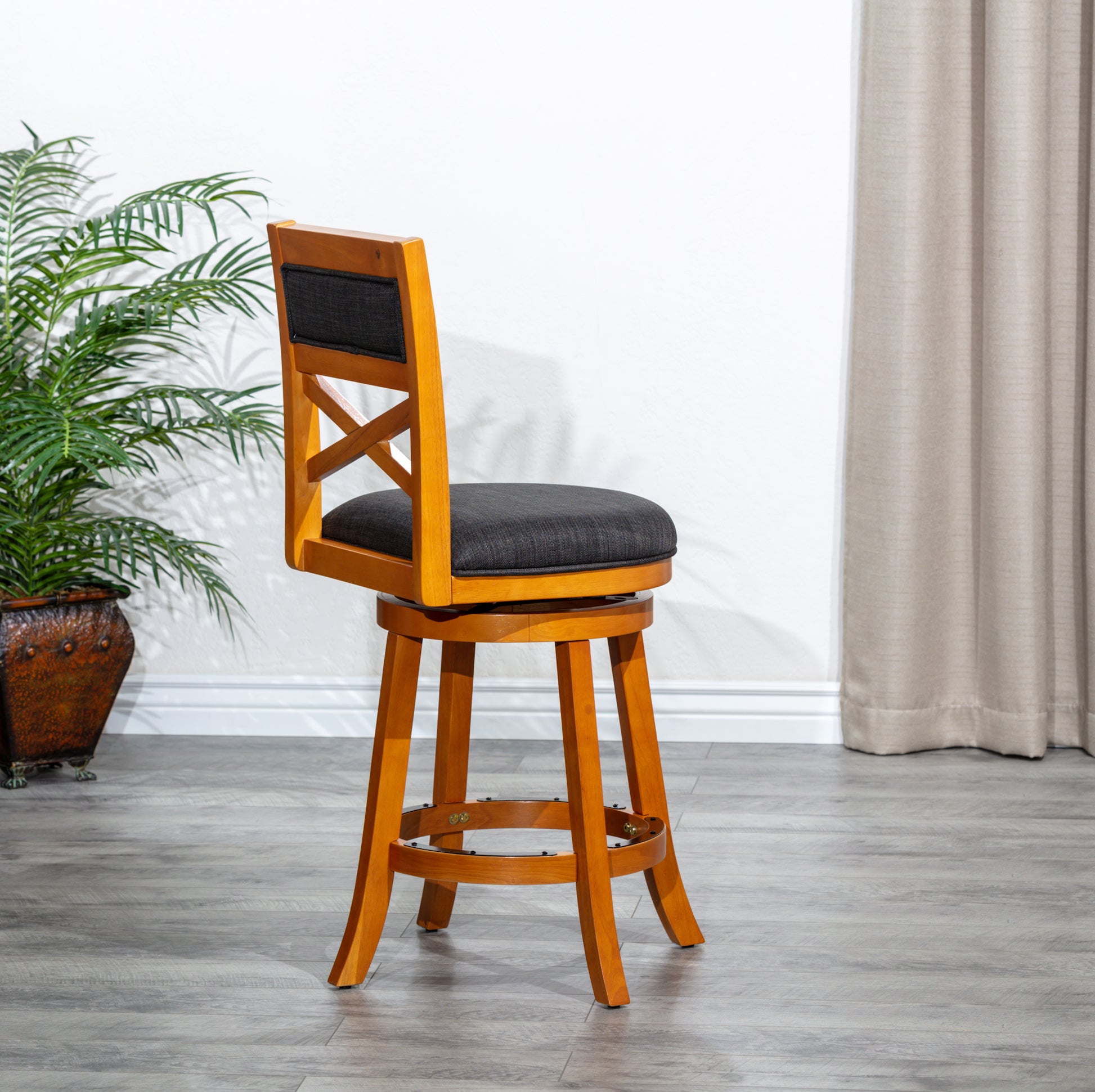 24" Counter Height X Back Swivel Stool, Natural Finish, Charcoal Fabric Seat Natural Fabric