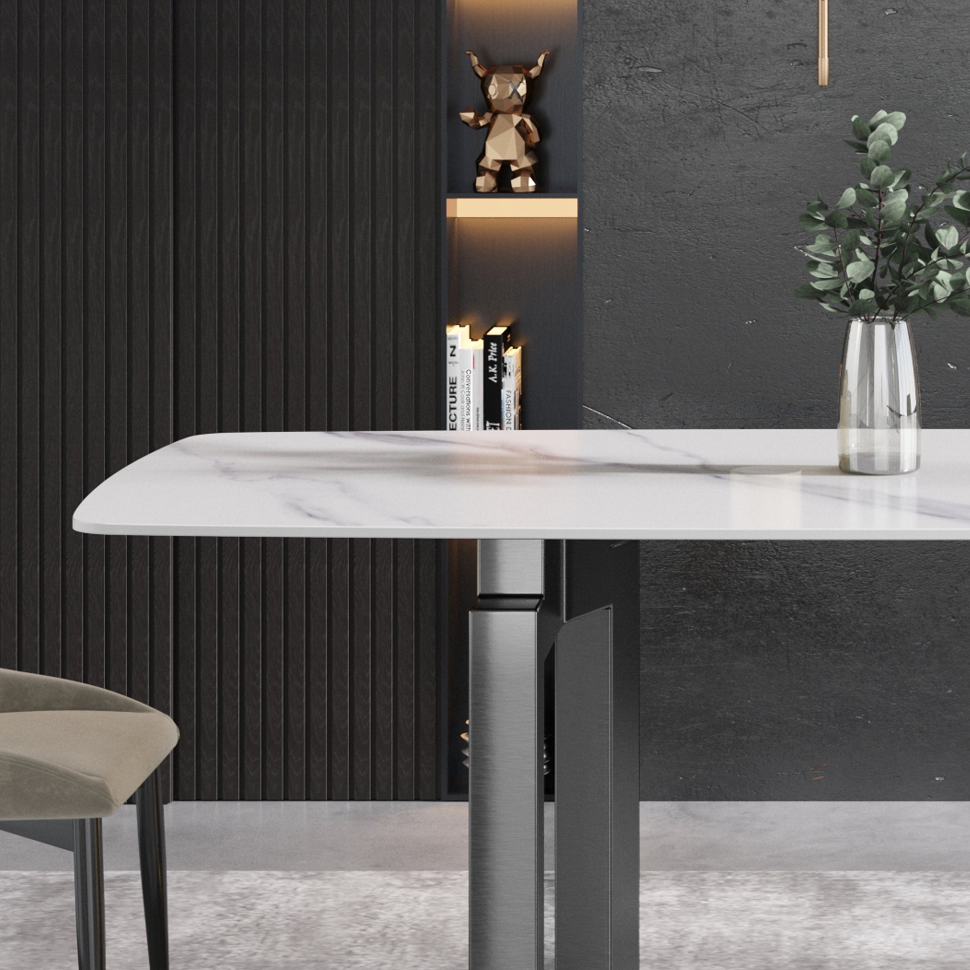 70.87"Modern Artificial Stone White Curved Black Metal Leg Dining Table Can Accommodate 6 8 People White Metal Sintered Stone