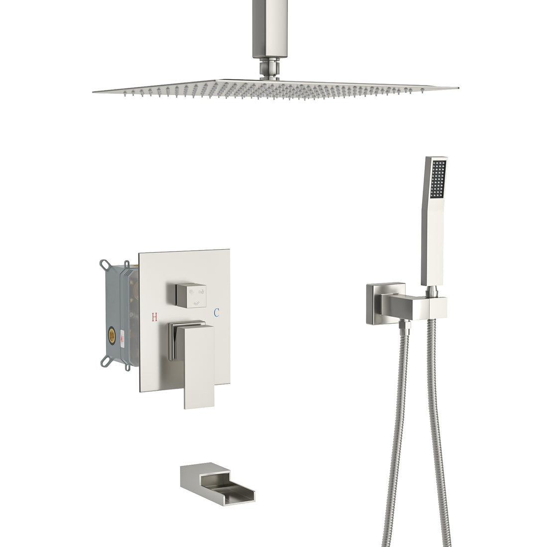 Shower System With Waterfall Tub Spout,16 Inch Ceiling Mount Square Shower System With Rough In Valve, Brushed Nickel Brushed Nickel Stainless Steel