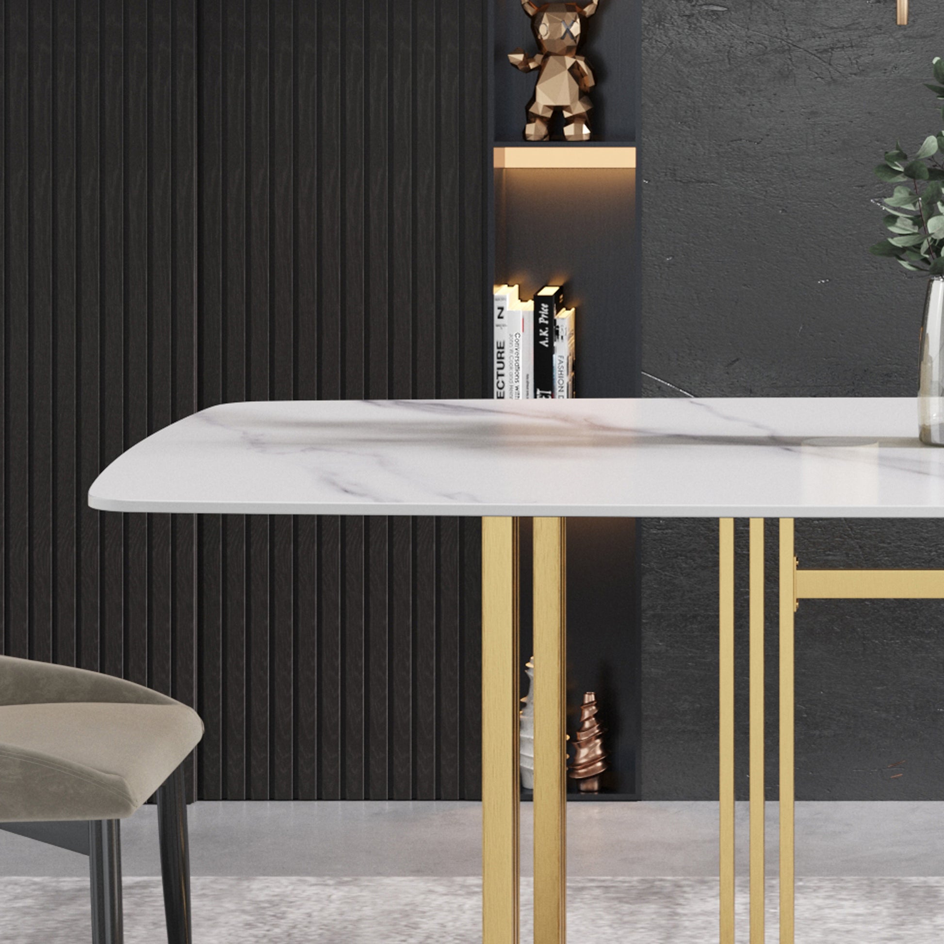 70.87"Modern Artificial Stone White Curved Golden Metal Leg Dining Table Can Accommodate 6 8 People White Metal Sintered Stone