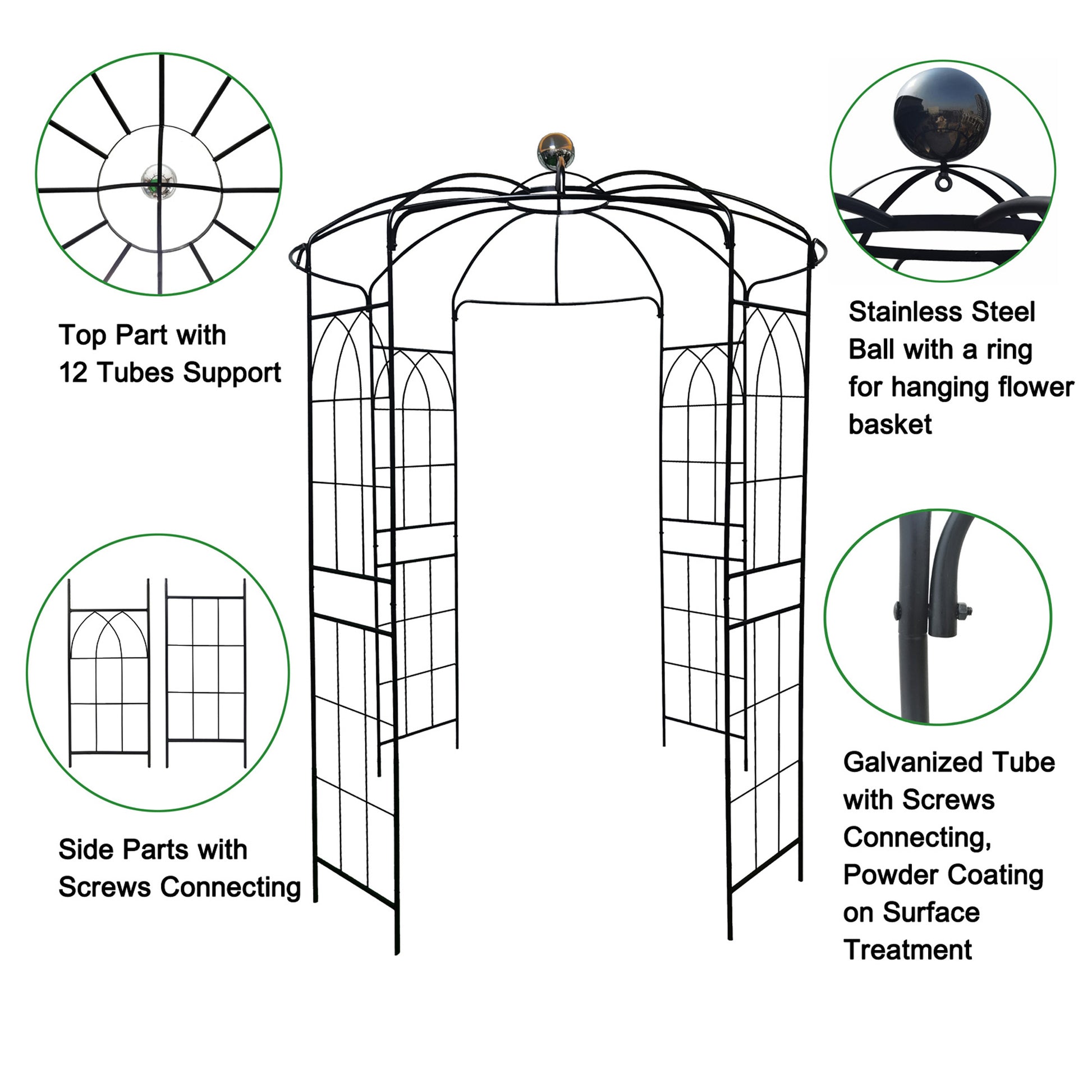 Metal Garden Arch Iron Garden Arbors Gazebo Dia81.3'' X 114.2'' High Birdcage Shape Pergola Pavilion For Wedding Ceremonyoutdoor Black Black Iron