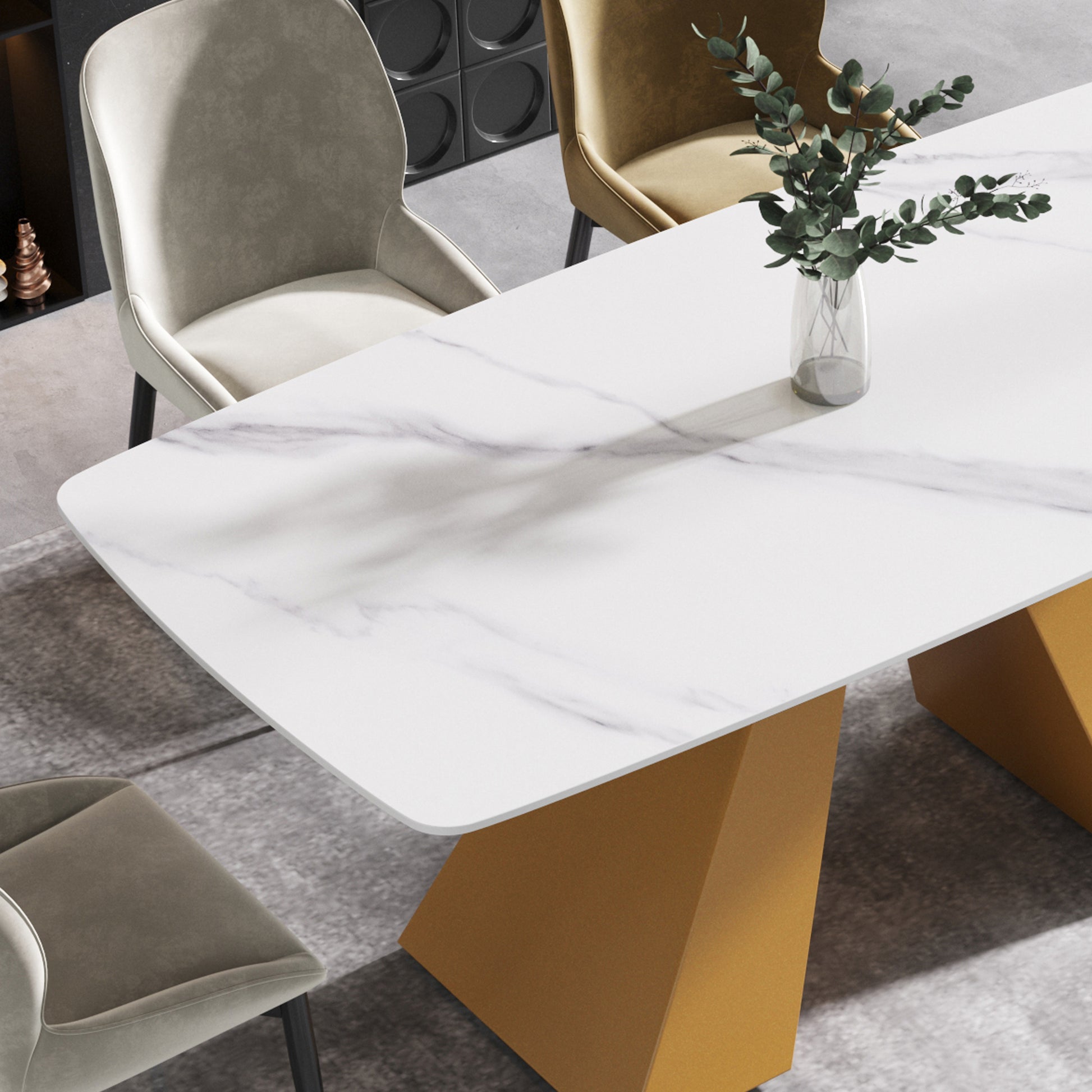 70.87"Modern Artificial Stone White Curved Golden Metal Leg Dining Table Can Accommodate 6 8 People White Metal Sintered Stone