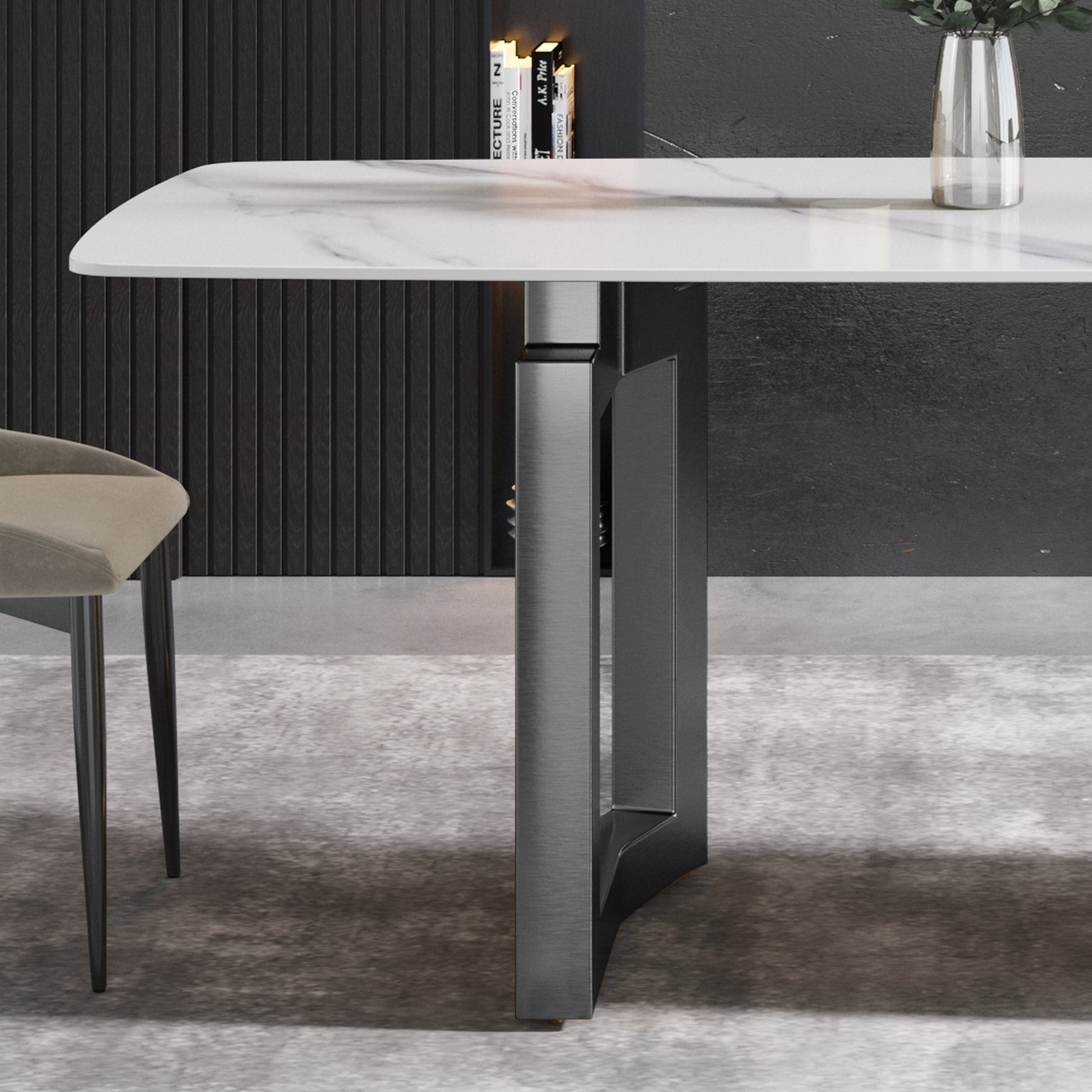 70.87"Modern Artificial Stone White Curved Black Metal Leg Dining Table Can Accommodate 6 8 People White Metal Sintered Stone