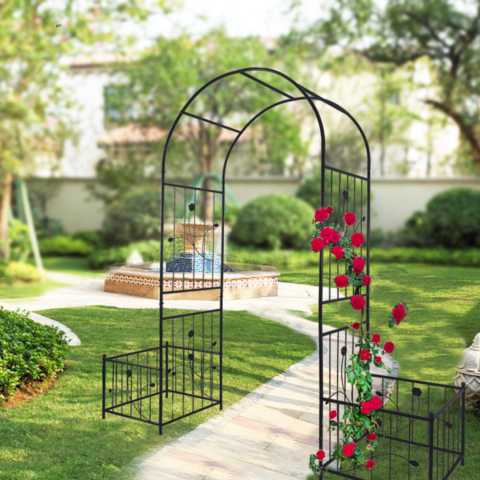 Metal Garden Arch With Two Plant Stands 79.5'' Wide X 86.6'' High Climbing Plants Support Rose Arch Outdoor Black Black Iron