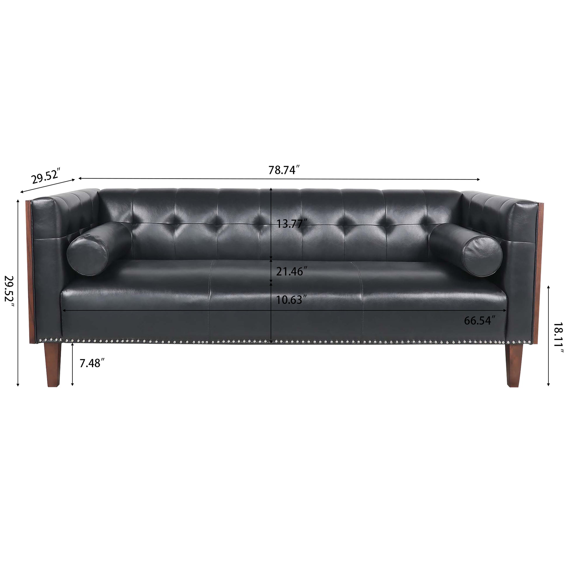 78.74" Wooden Decorated Arm 3 Seater Sofa Black Pu Pu