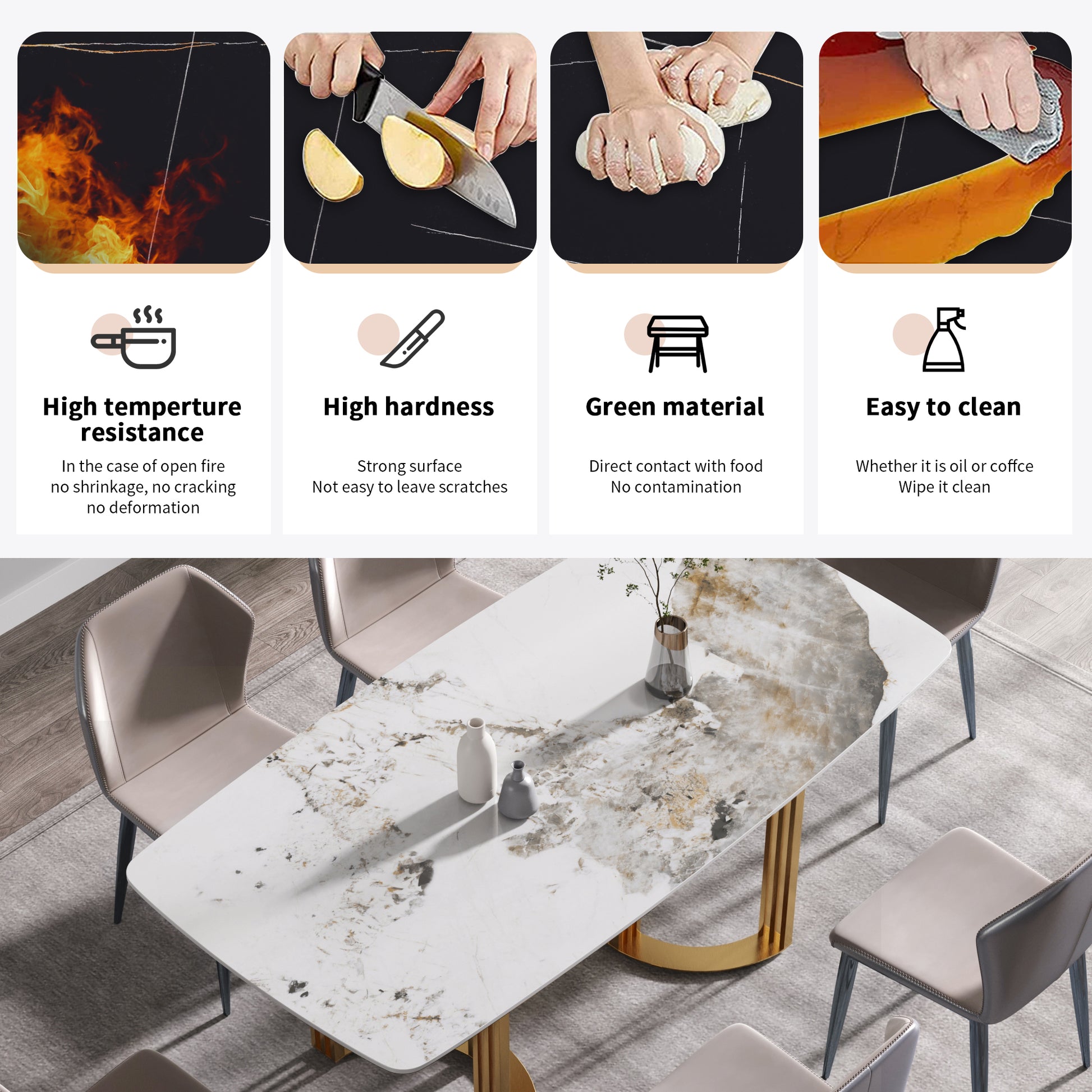 70.87"Modern Artificial Stone Pandora White Curved Golden Metal Leg Dining Table Can Accommodate 6 8 People Antique White Metal Sintered Stone