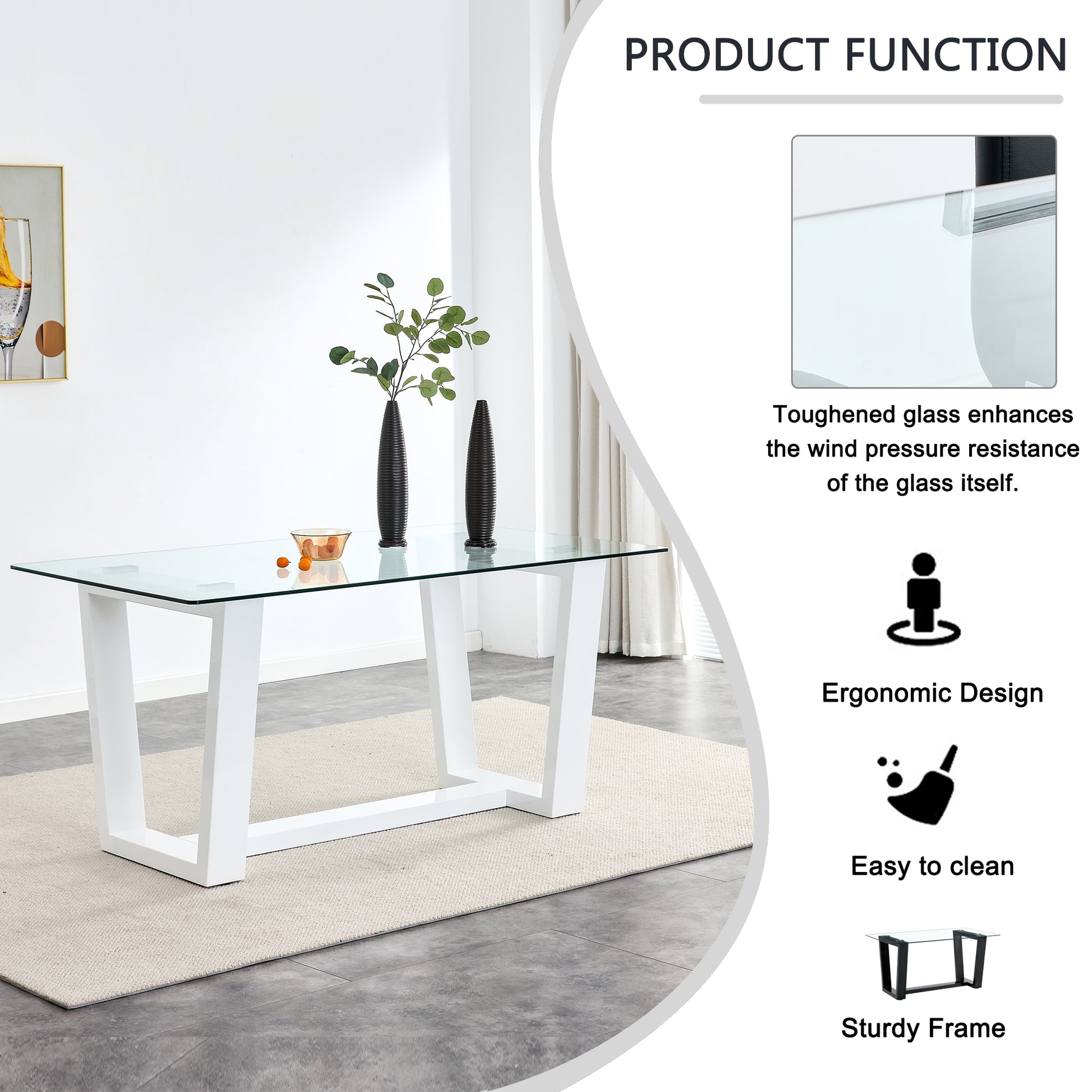 Glass Dining Table Large Modern Minimalist Rectangular For 6 8 With 0.4" Tempered Glass Tabletop And White Mdf Trapezoid Bracket,For Kitchen Dining Living Meeting Room Banquet Hall F 1550 White Mdf