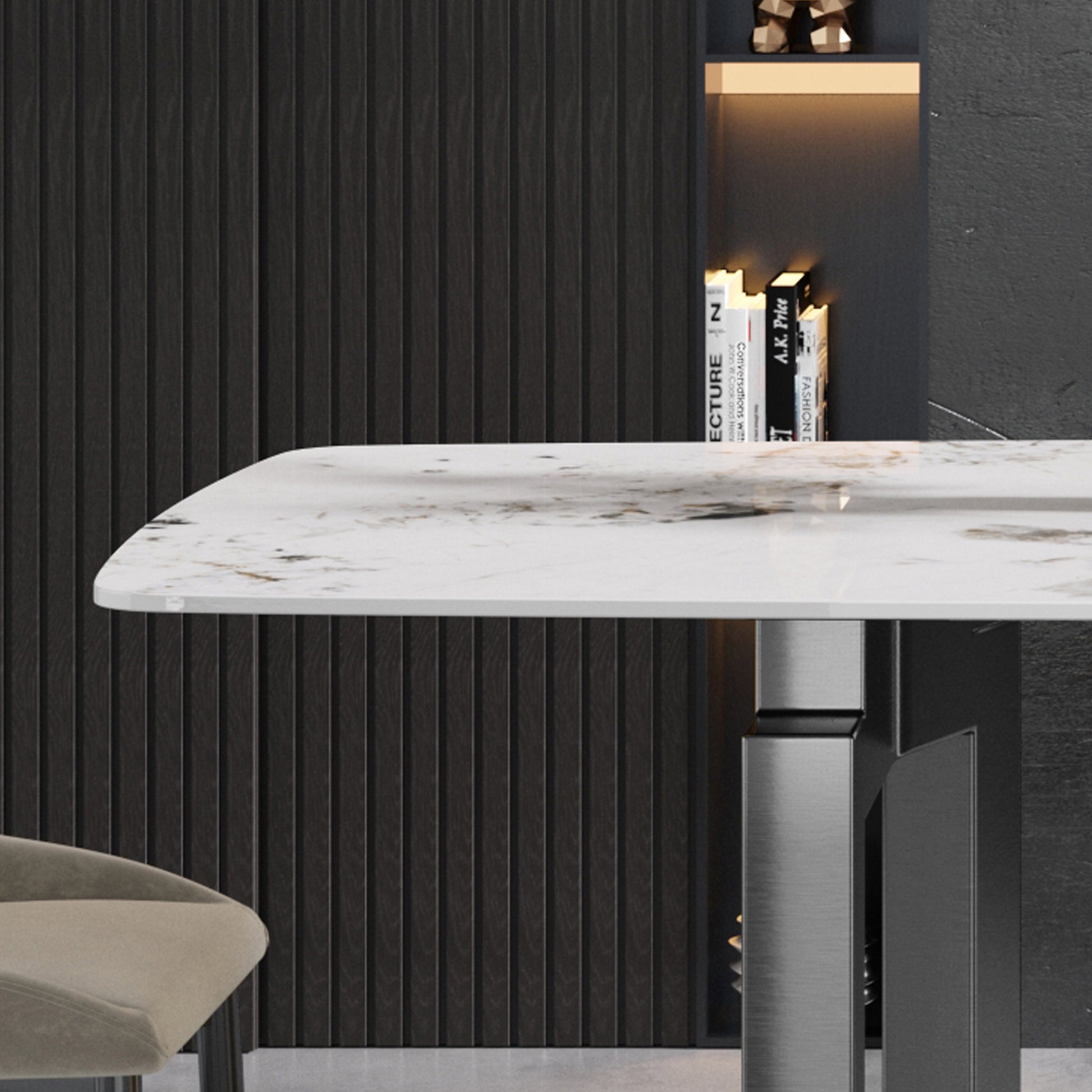 70.87"Modern Artificial Stone Pandora White Curved Black Metal Leg Dining Table Can Accommodate 6 8 People Antique White Metal Sintered Stone