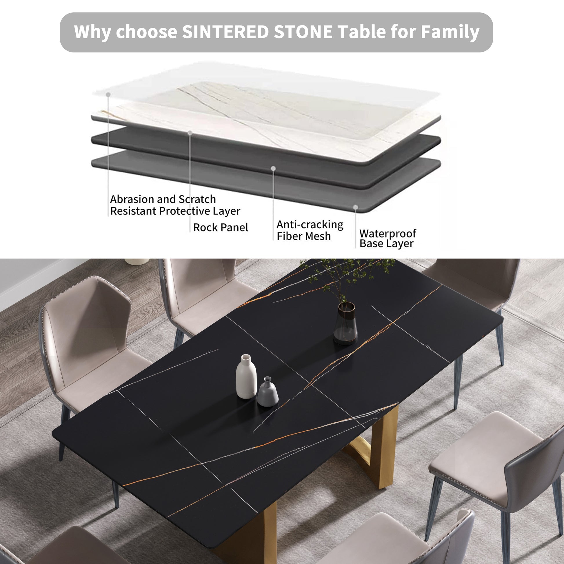 70.87" Modern Artificial Stone Black Straight Edge Golden Metal Leg Dining Table Can Accommodate 6 8 People Black Metal Sintered Stone