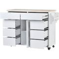 Kitchen Cart With Rubber Wood Countertopkitchen Island Has 8 Handle Free Drawers Including A Flatware Organizer And 5 Wheels For Kitchen Dinning Room, White White Mdf