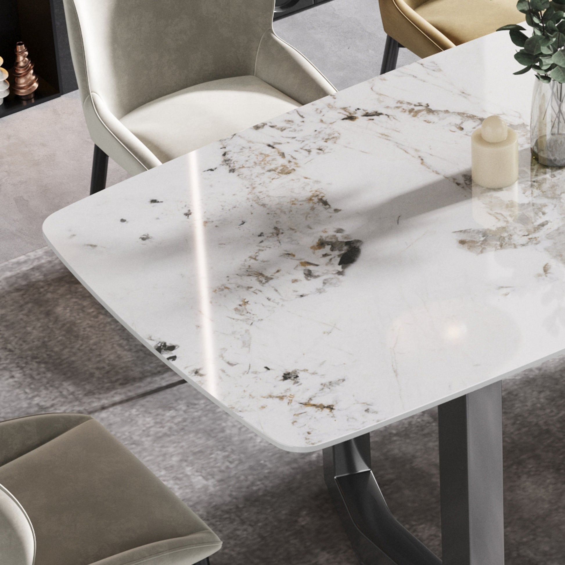 70.87"Modern Artificial Stone Pandora White Curved Black Metal Leg Dining Table Can Accommodate 6 8 People Antique White Metal Sintered Stone