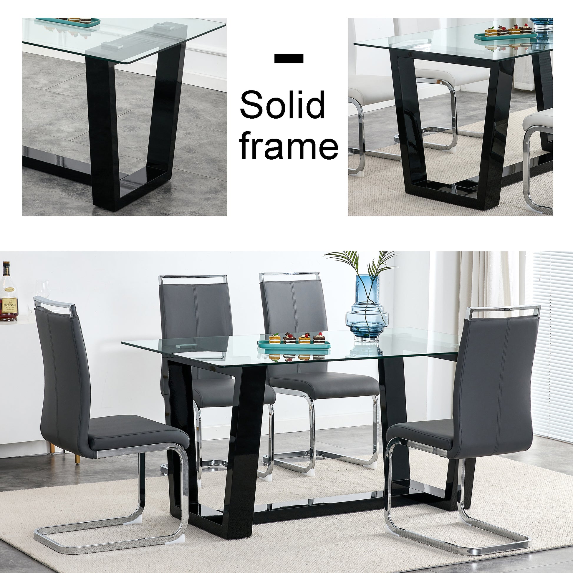 Glass Dining Table Large Modern Minimalist Rectangular For 6 8 With 0.4" Tempered Glass Tabletop And Black Mdftrapezoid Bracket,For Kitchen Dining Living Meeting Room Banquet Hall F 1550 Black Mdf