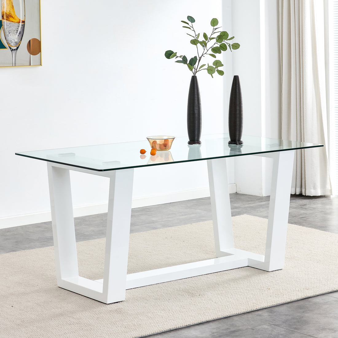 Glass Dining Table Large Modern Minimalist Rectangular For 6 8 With 0.4" Tempered Glass Tabletop And White Mdf Trapezoid Bracket,For Kitchen Dining Living Meeting Room Banquet Hall F 1550 White Mdf