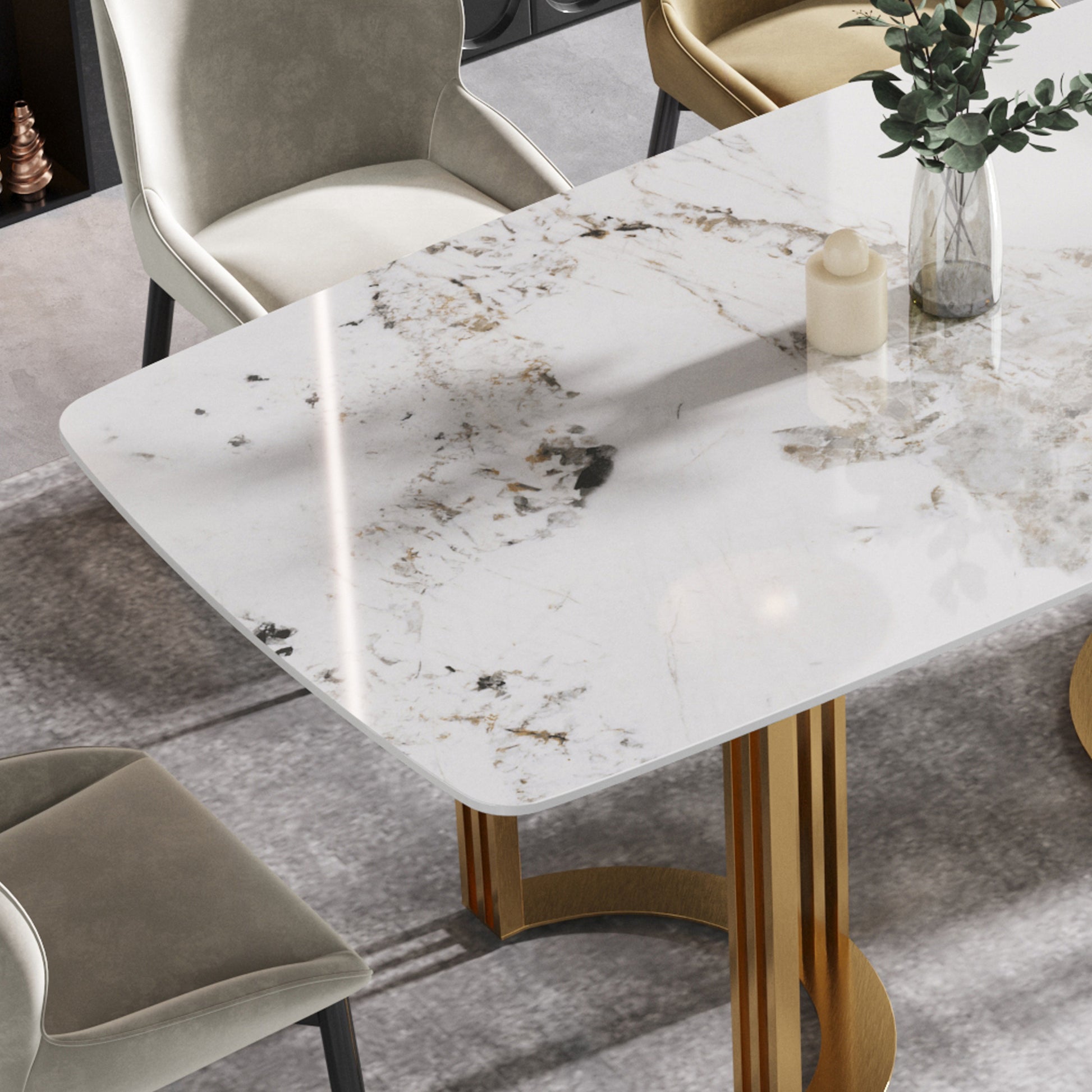 70.87"Modern Artificial Stone Pandora White Curved Golden Metal Leg Dining Table Can Accommodate 6 8 People Antique White Metal Sintered Stone