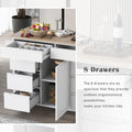 Kitchen Cart With Rubber Wood Countertopkitchen Island Has 8 Handle Free Drawers Including A Flatware Organizer And 5 Wheels For Kitchen Dinning Room, White White Mdf