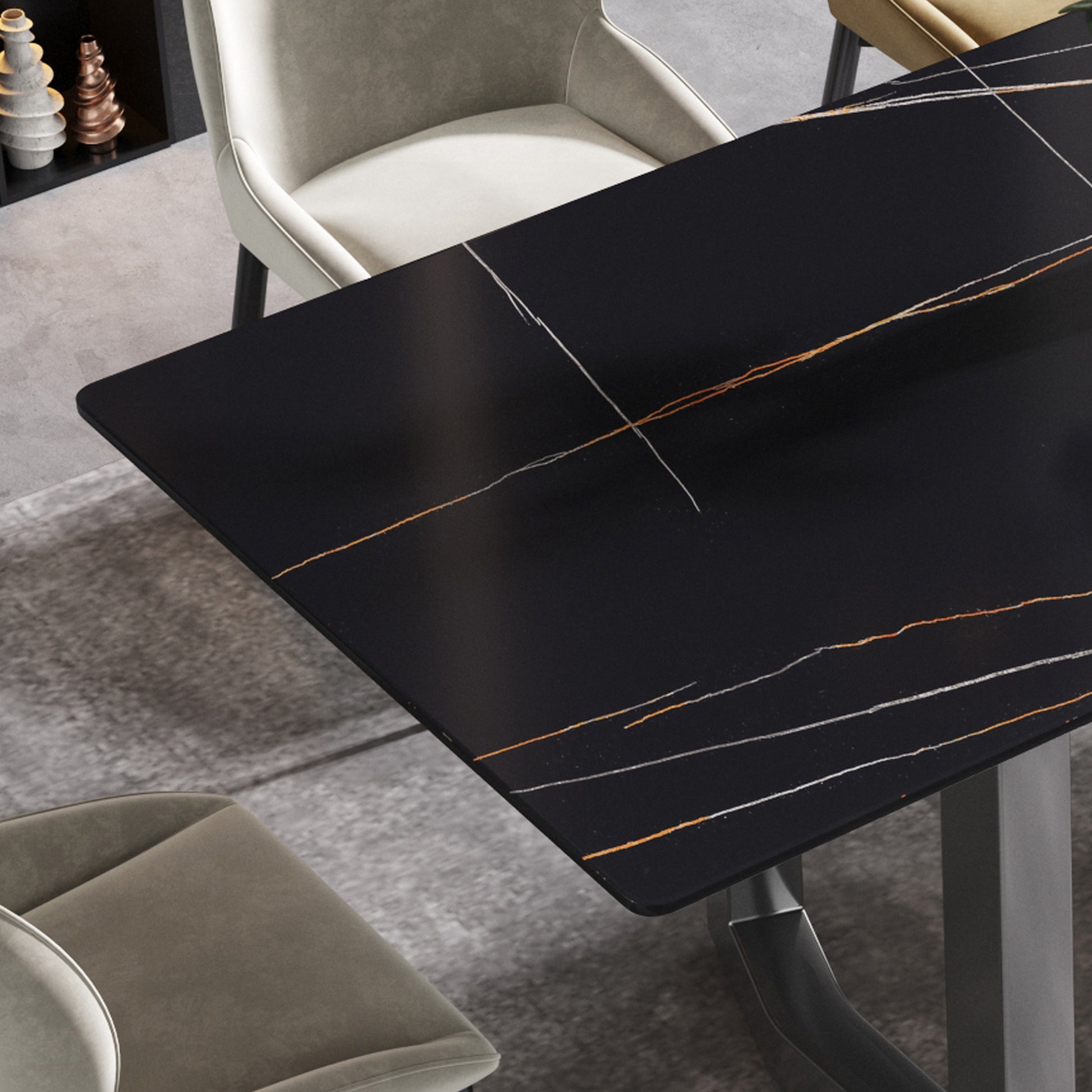 70.87" Modern Artificial Stone Black Straight Edge Black Metal Leg Dining Table Can Accommodate 6 8 People Black Metal Sintered Stone