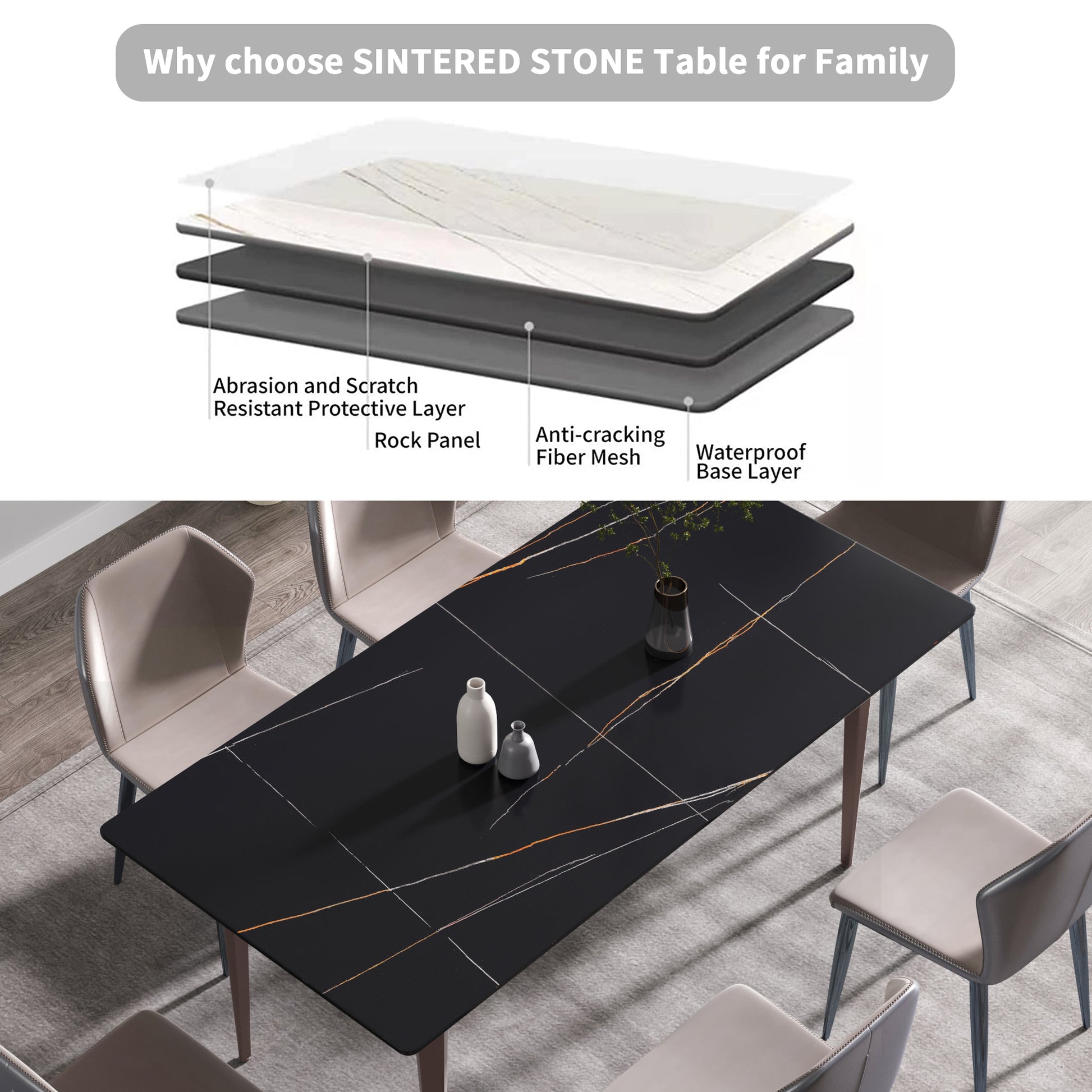 70.87" Modern Artificial Stone Black Straight Edge Metal Leg Dining Table Can Accommodate 6 8 People Black Metal Sintered Stone