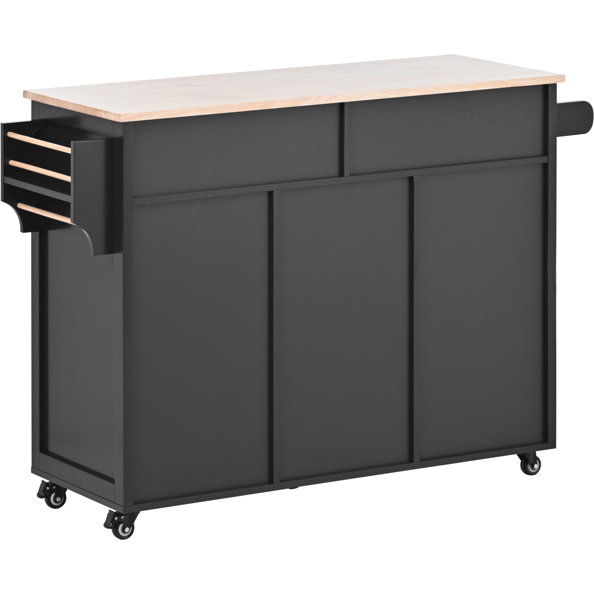 Kitchen Cart With Rubber Wood Countertopkitchen Island Has 8 Handle Free Drawers Including A Flatware Organizer And 5 Wheels For Kitchen Dinning Room, Black Black Mdf