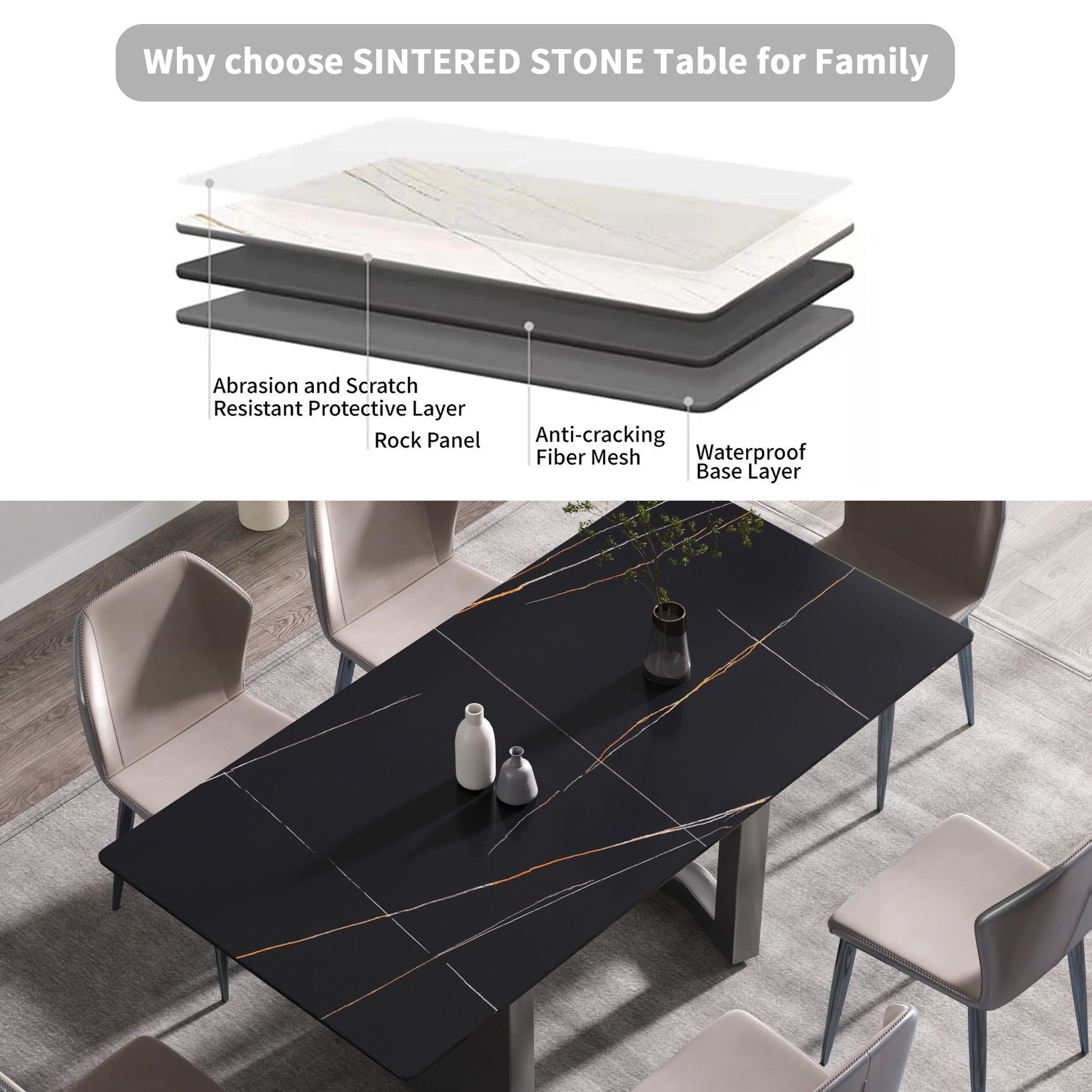 70.87" Modern Artificial Stone Black Straight Edge Black Metal Leg Dining Table Can Accommodate 6 8 People Black Metal Sintered Stone