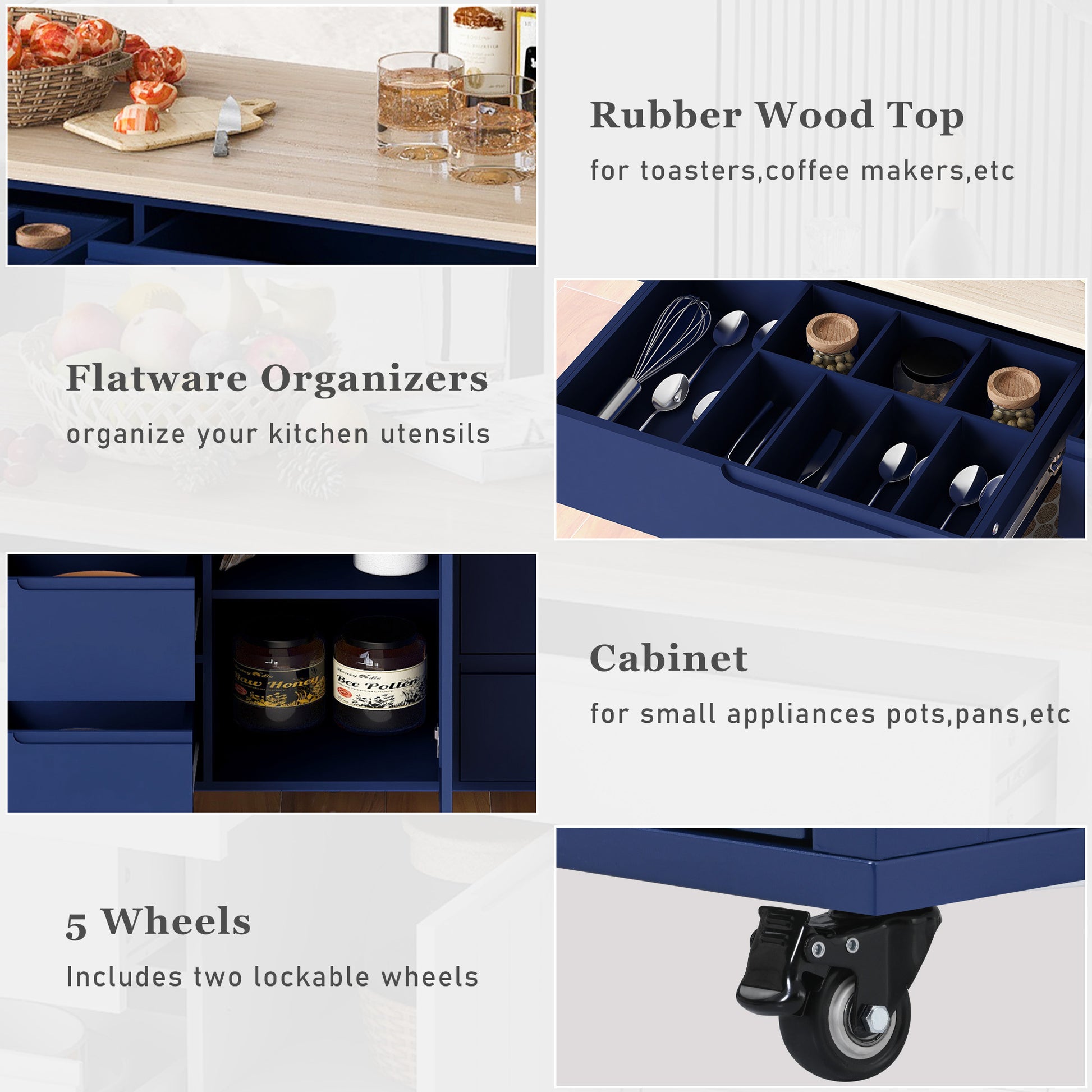 Kitchen Cart with Rubber Wood Countertop blue-mdf