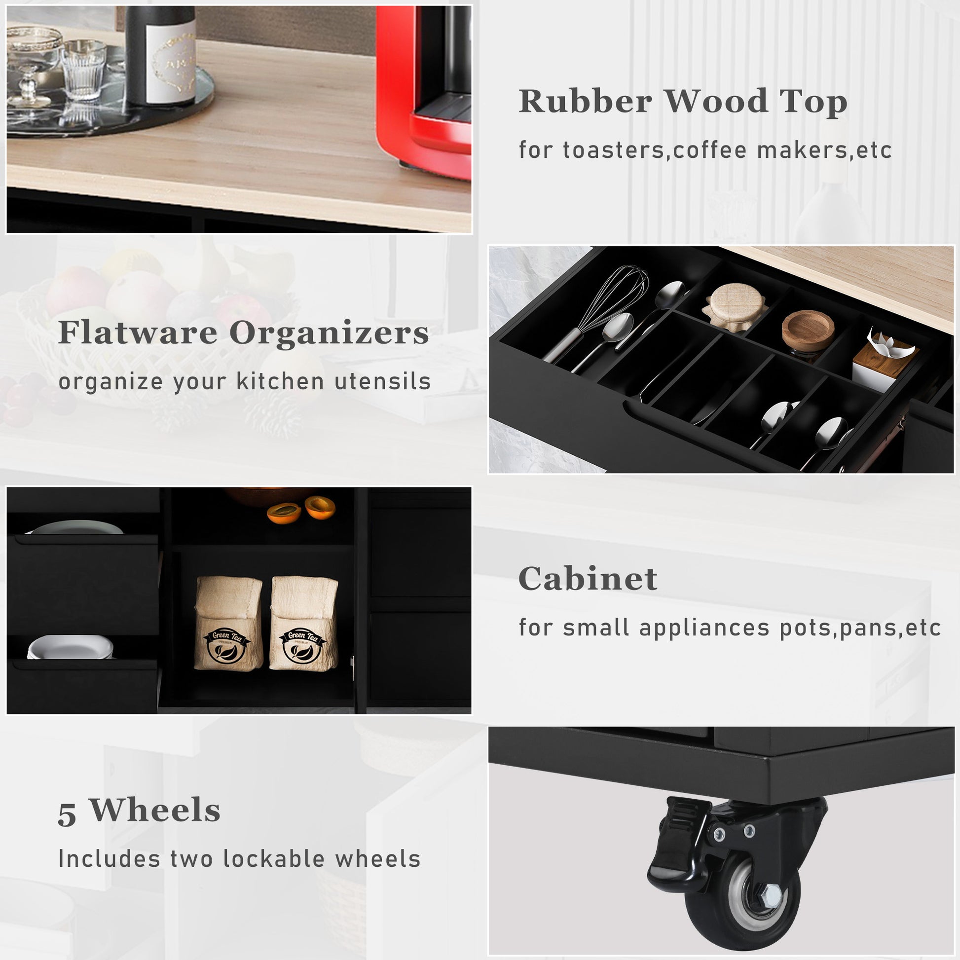 Kitchen Cart with Rubber Wood Countertop black-mdf