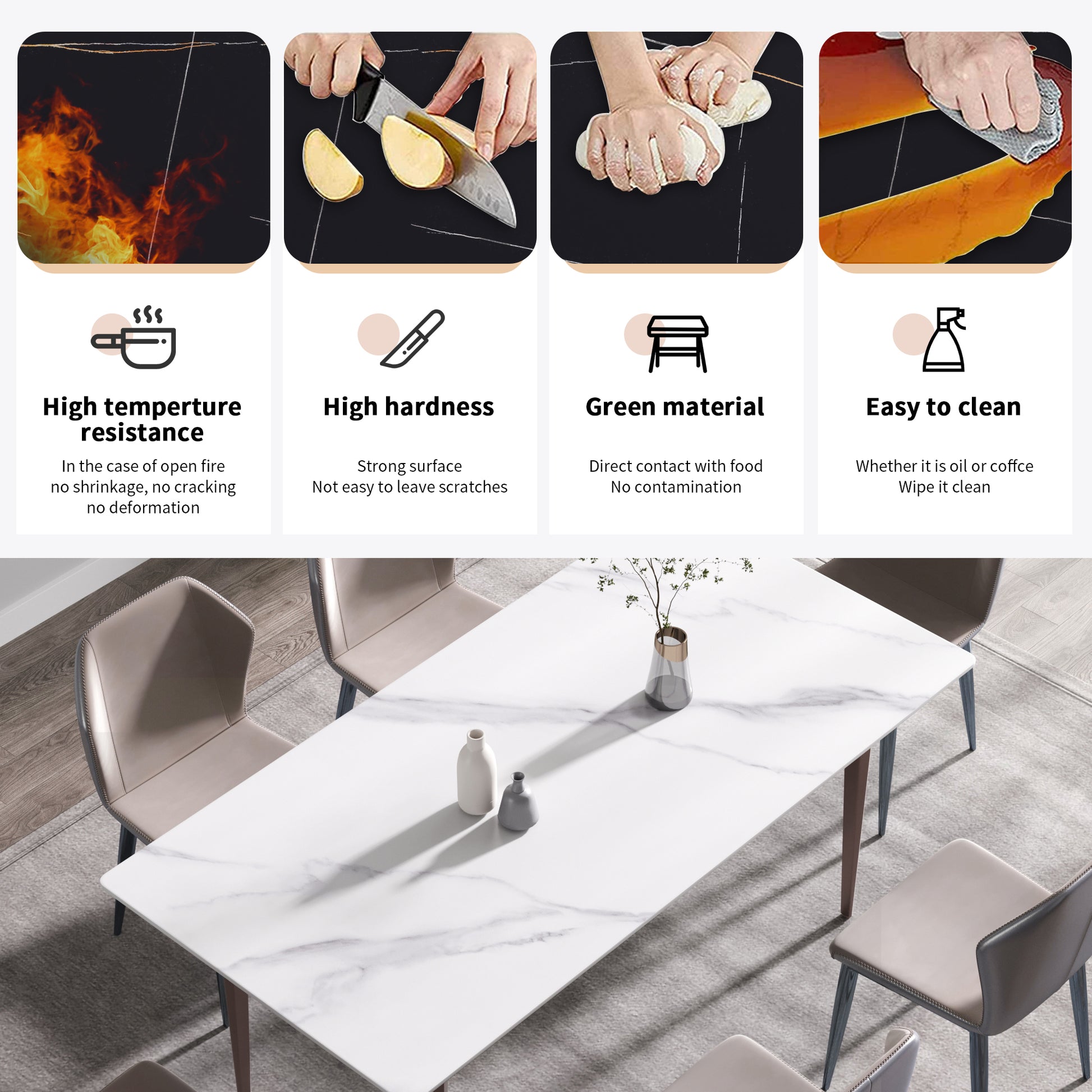 70.87" Modern Artificial Stone White Straight Edge Metal Leg Dining Table Can Accommodate 6 8 People White Metal Sintered Stone