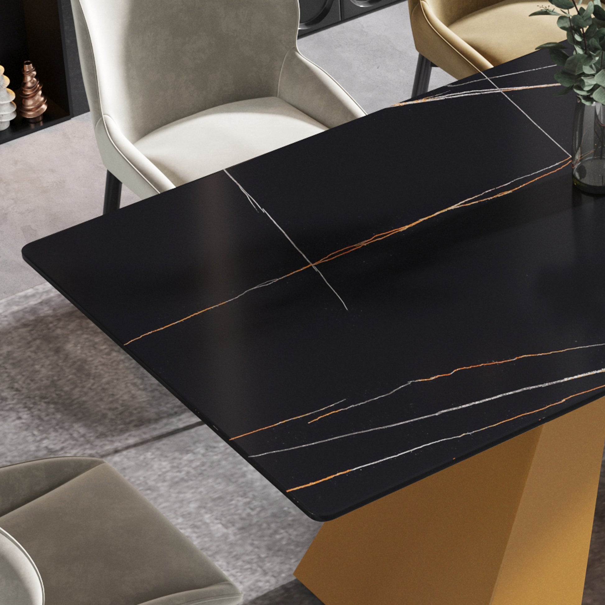 70.87" Modern Artificial Stone Black Straight Edge Golden Metal Leg Dining Table Can Accommodate 6 8 People Black Metal Sintered Stone