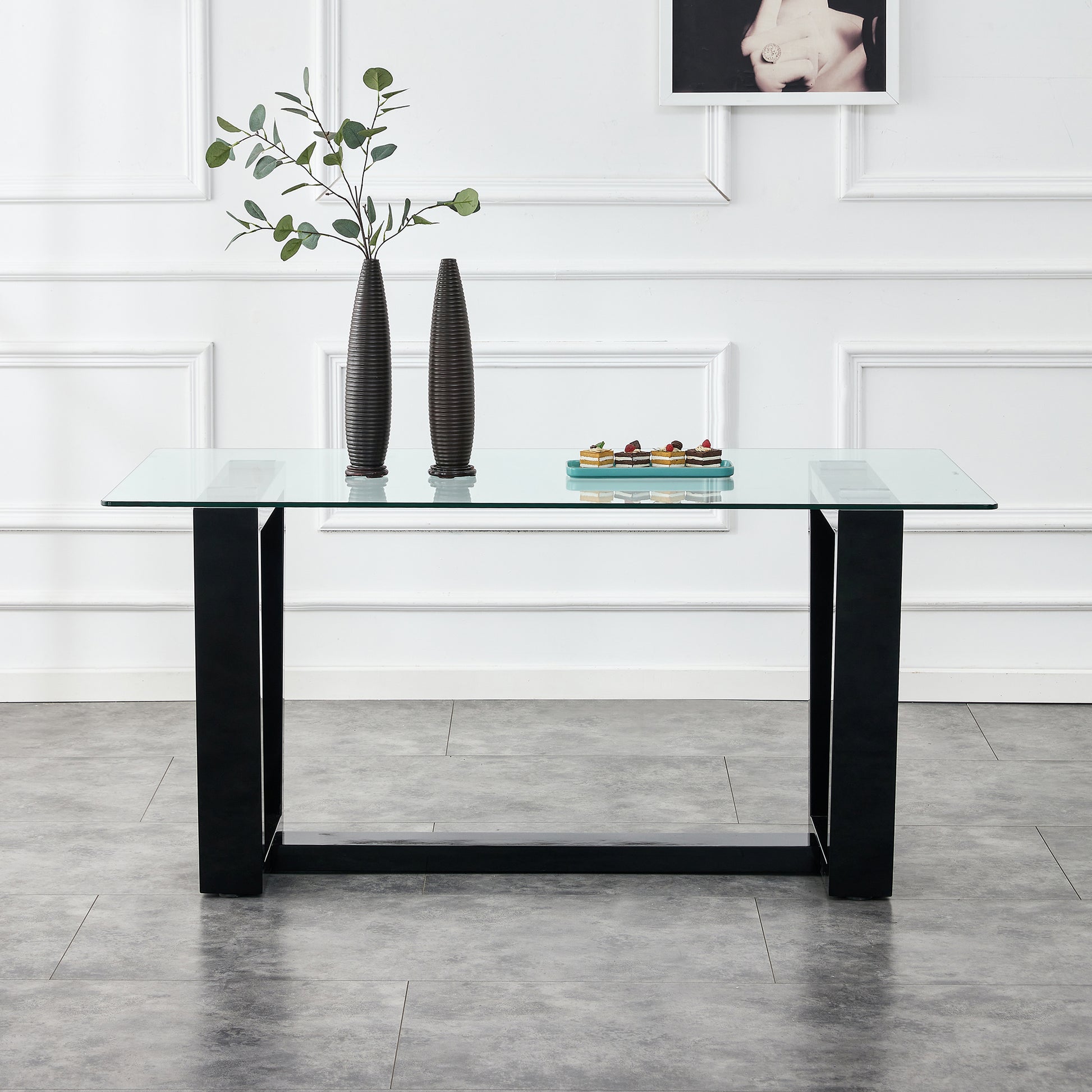 Glass Dining Table Large Modern Minimalist Rectangular For 6 8 With 0.4" Tempered Glass Tabletop And Black Mdftrapezoid Bracket,For Kitchen Dining Living Meeting Room Banquet Hall F 1550 Black Mdf