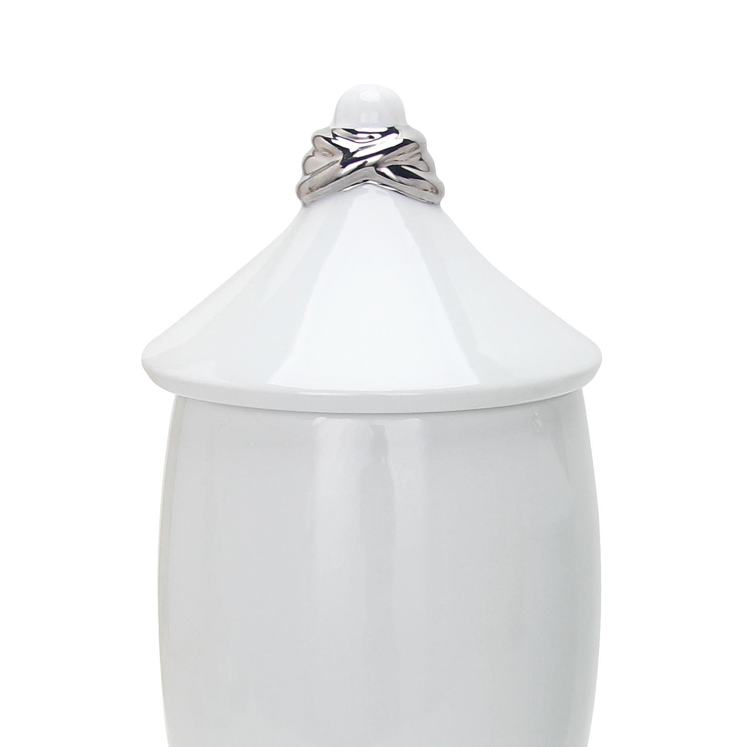 White Ceramic Decorative Jar With Silver Accent And Lid White Ceramic
