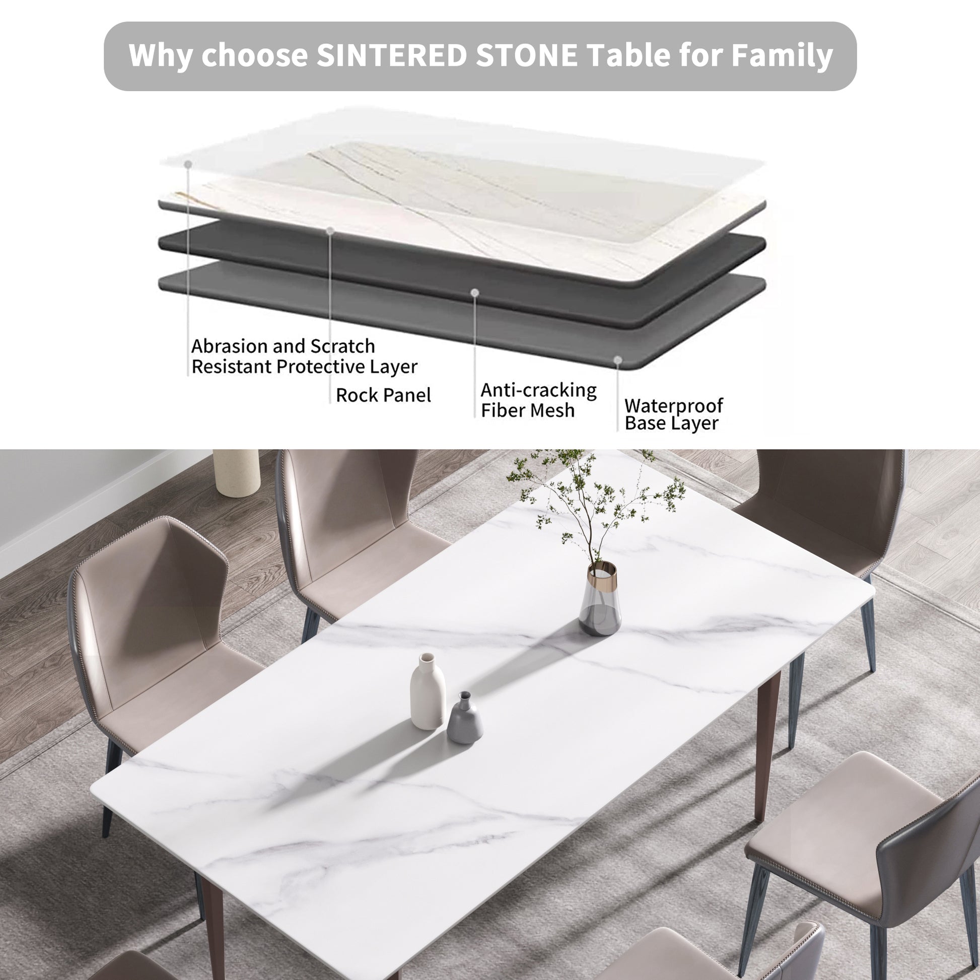 70.87" Modern Artificial Stone White Straight Edge Metal Leg Dining Table Can Accommodate 6 8 People White Metal Sintered Stone