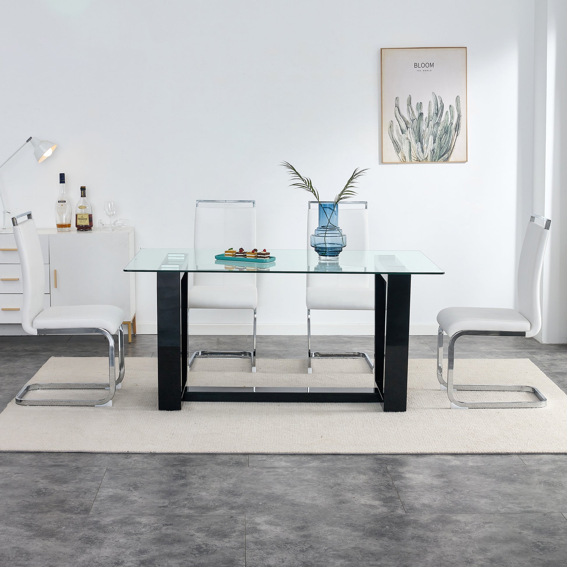 Glass Dining Table Large Modern Minimalist Rectangular For 6 8 With 0.4" Tempered Glass Tabletop And Black Mdftrapezoid Bracket,For Kitchen Dining Living Meeting Room Banquet Hall F 1550 Black Mdf