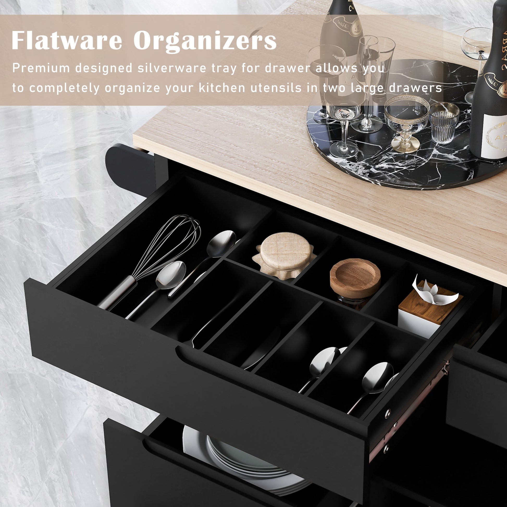 Kitchen Cart with Rubber Wood Countertop black-mdf