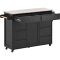 Kitchen Cart With Rubber Wood Countertopkitchen Island Has 8 Handle Free Drawers Including A Flatware Organizer And 5 Wheels For Kitchen Dinning Room, Black Black Mdf