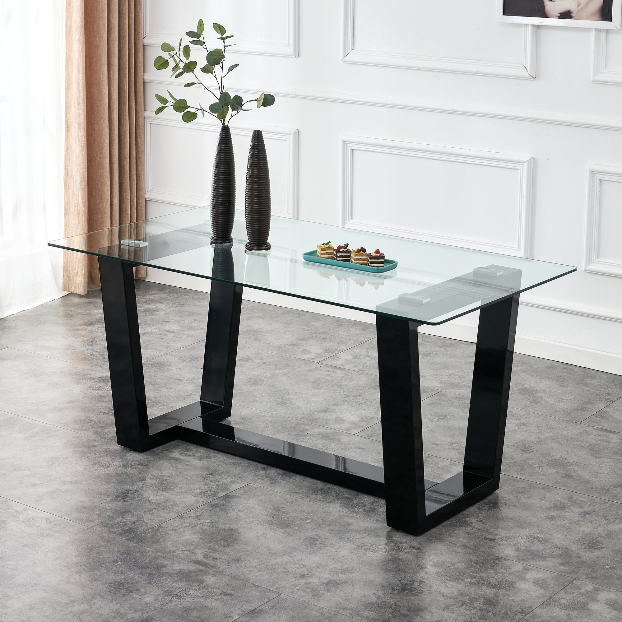 Glass Dining Table Large Modern Minimalist Rectangular For 6 8 With 0.4" Tempered Glass Tabletop And Black Mdftrapezoid Bracket,For Kitchen Dining Living Meeting Room Banquet Hall F 1550 Black Mdf