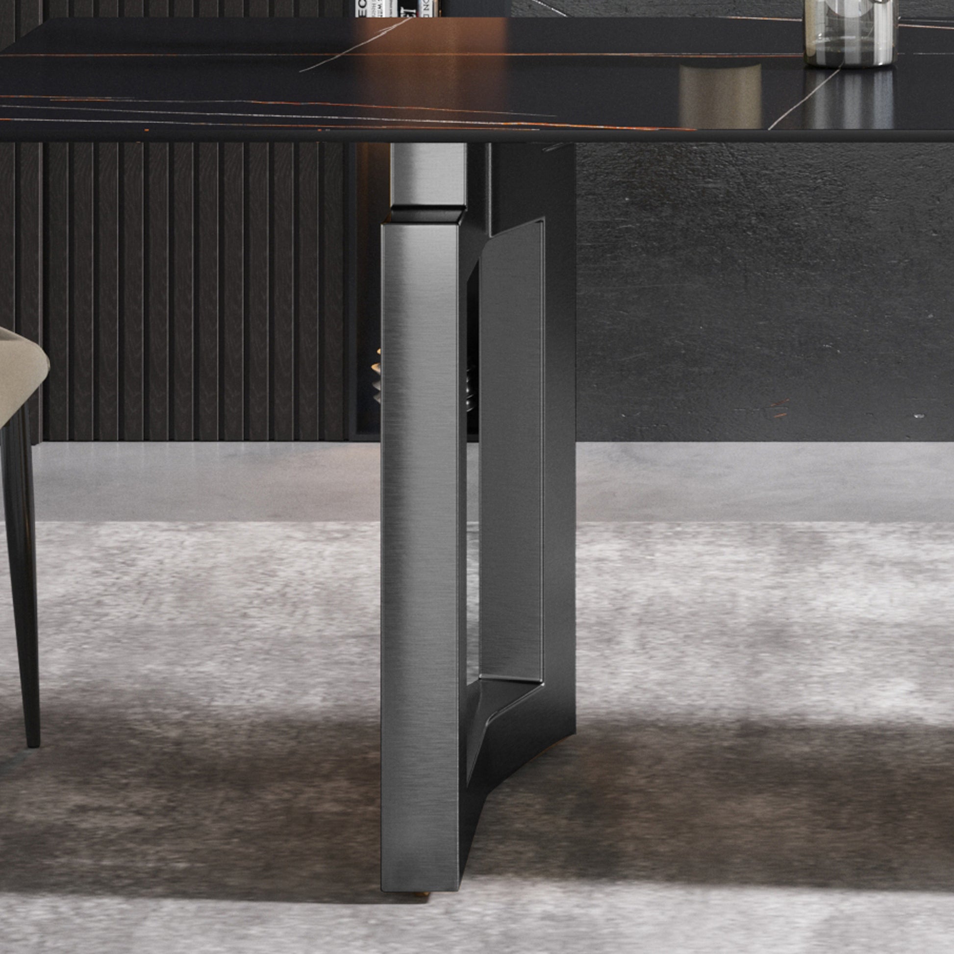 70.87" Modern Artificial Stone Black Straight Edge Black Metal Leg Dining Table Can Accommodate 6 8 People Black Metal Sintered Stone