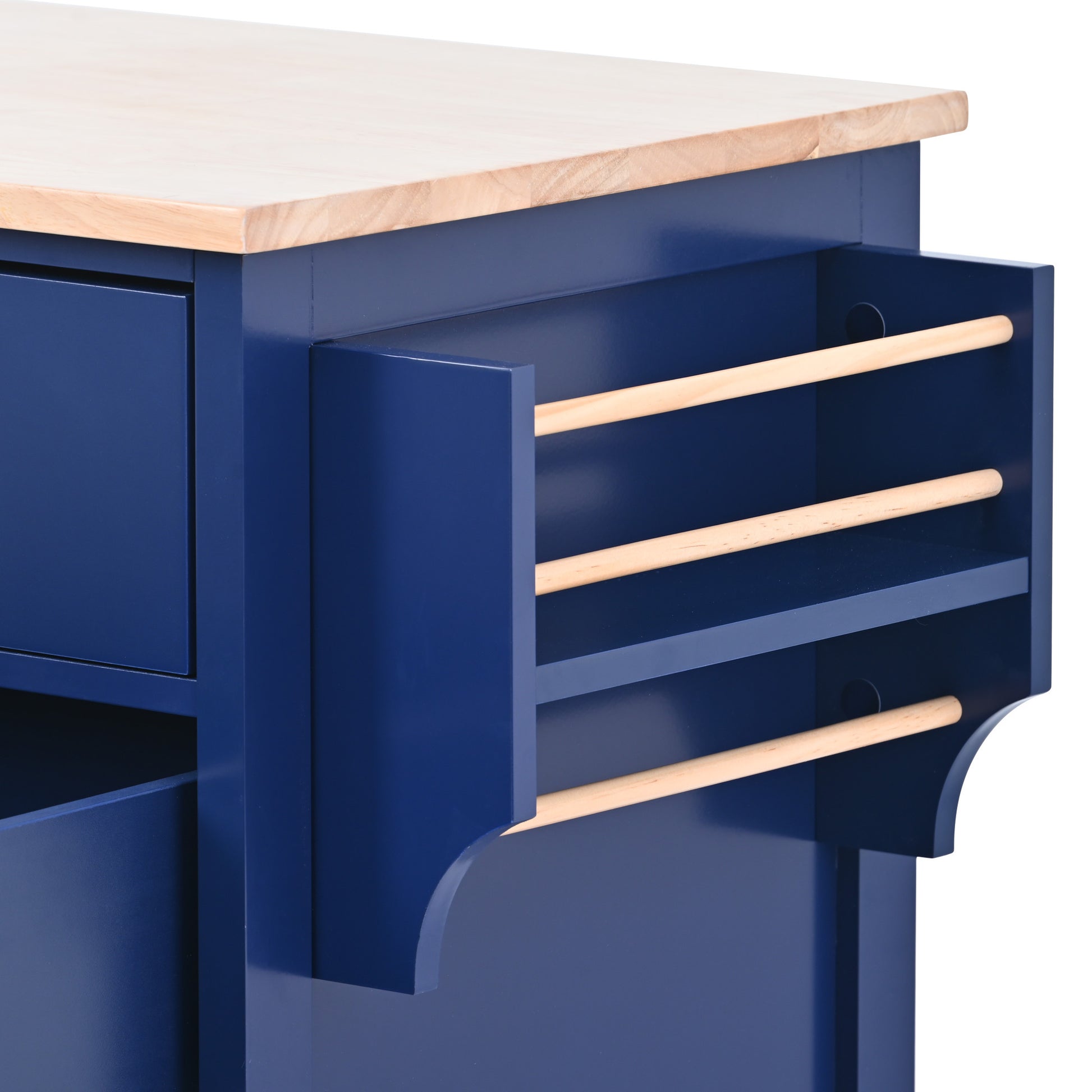 Kitchen Cart With Rubber Wood Countertopkitchen Island Has 8 Handle Free Drawers Including A Flatware Organizer And 5 Wheels For Kitchen Dinning Room, Dark Blue Blue Mdf