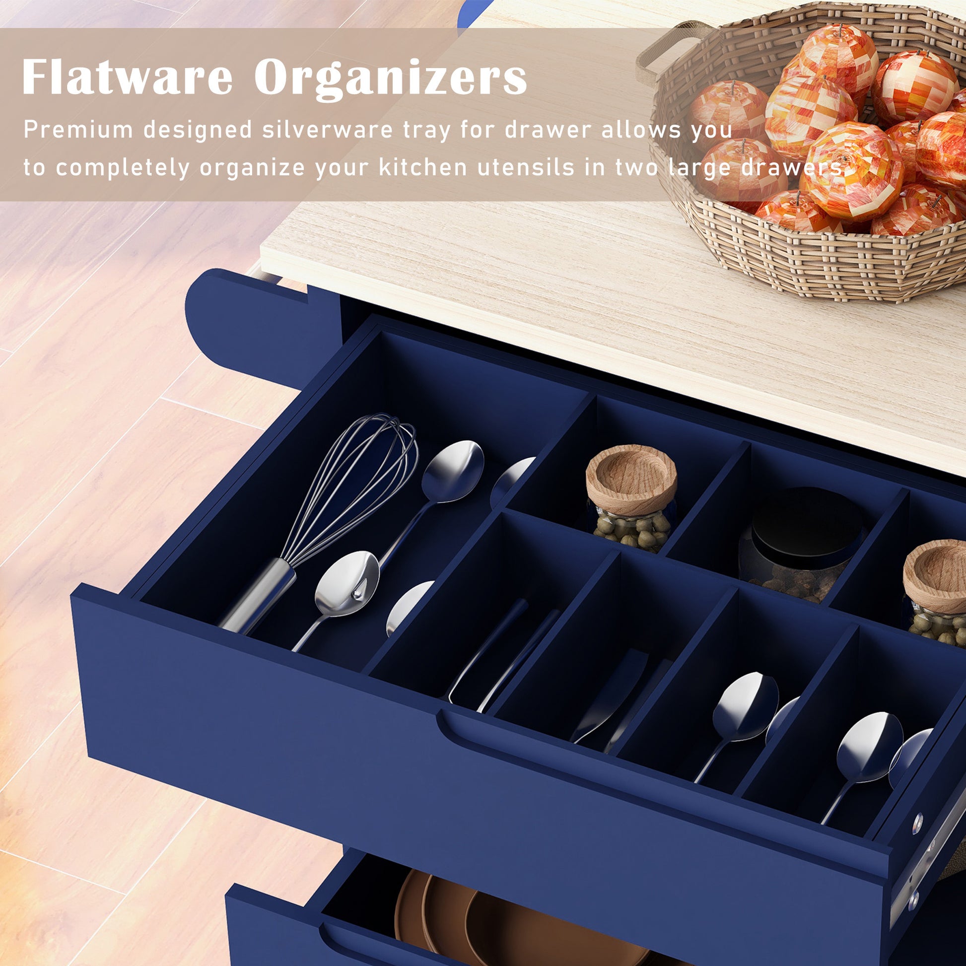 Kitchen Cart with Rubber Wood Countertop blue-mdf